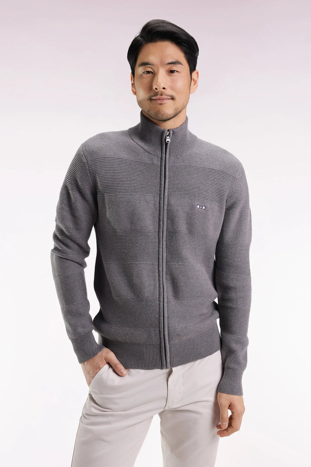 Grey Honeycomb Zip-Up Cardigan with Straight Cut
