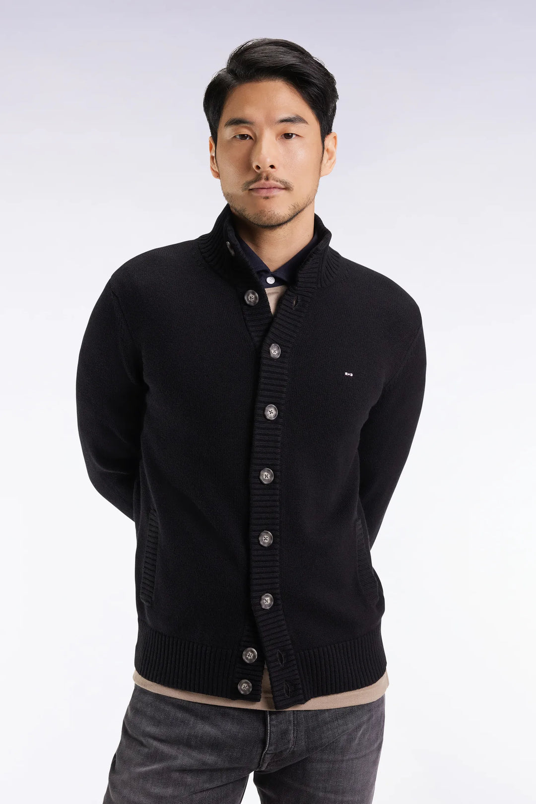 Black Wool and Cotton High-Neck Cardigan
