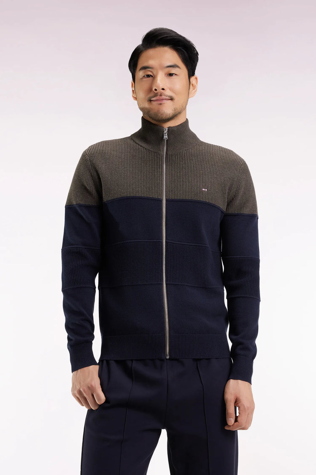 Two-Tone Navy and Brown Zipped Cotton Cardigan with a Straight Cut