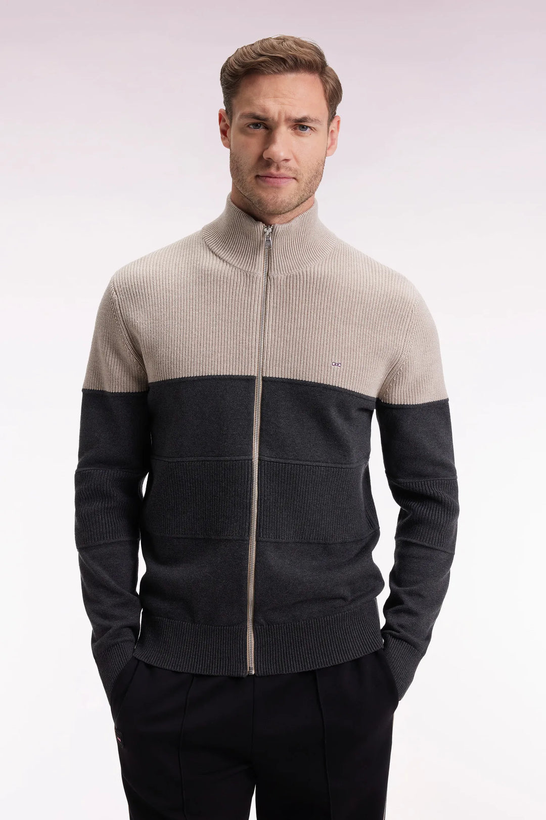 Two-Tone Beige and Grey Zip-Up Cotton Cardigan with a Straight Cut