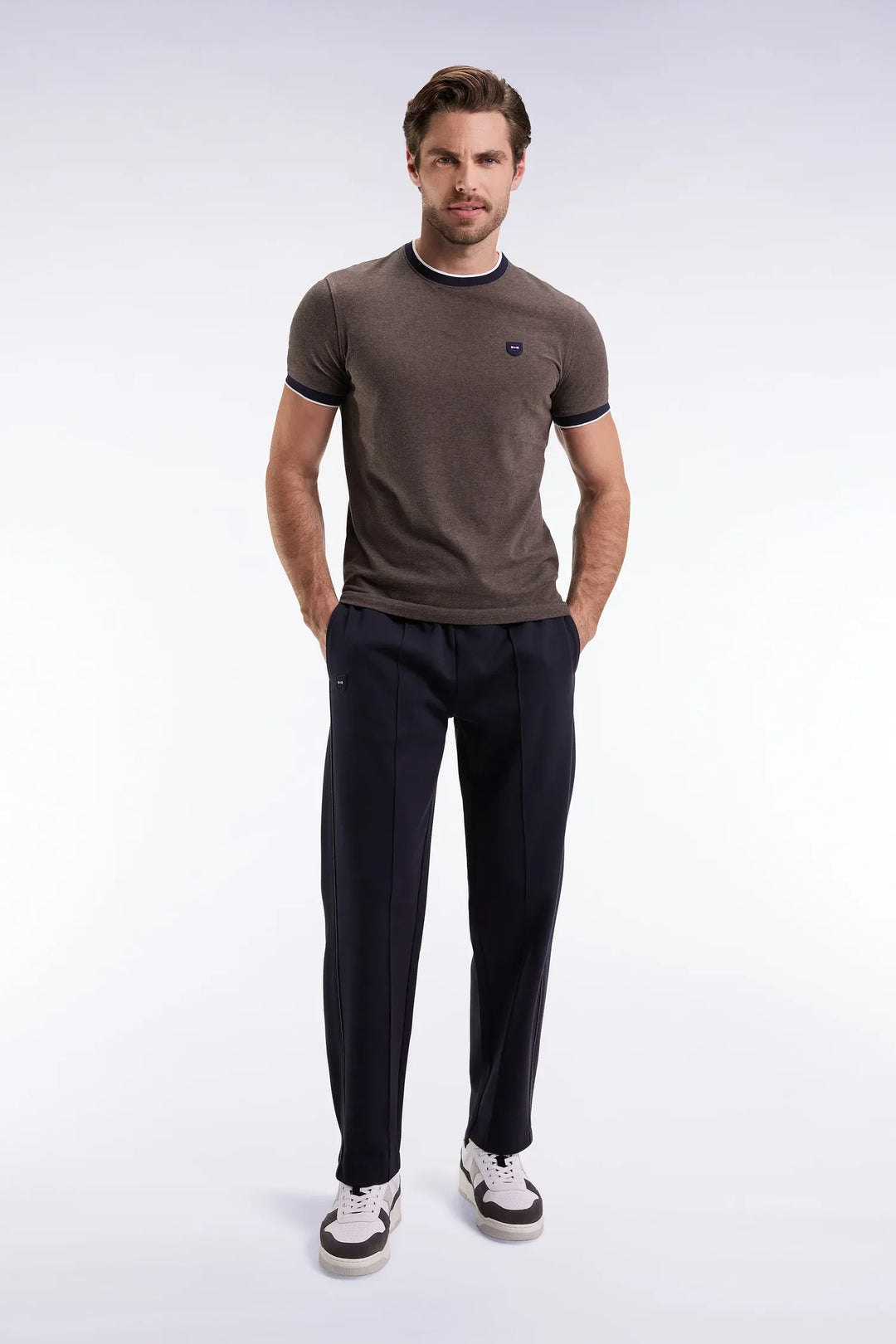 Navy Brushed Fleece Joggers with Piping and Straight Cut Front Pleats