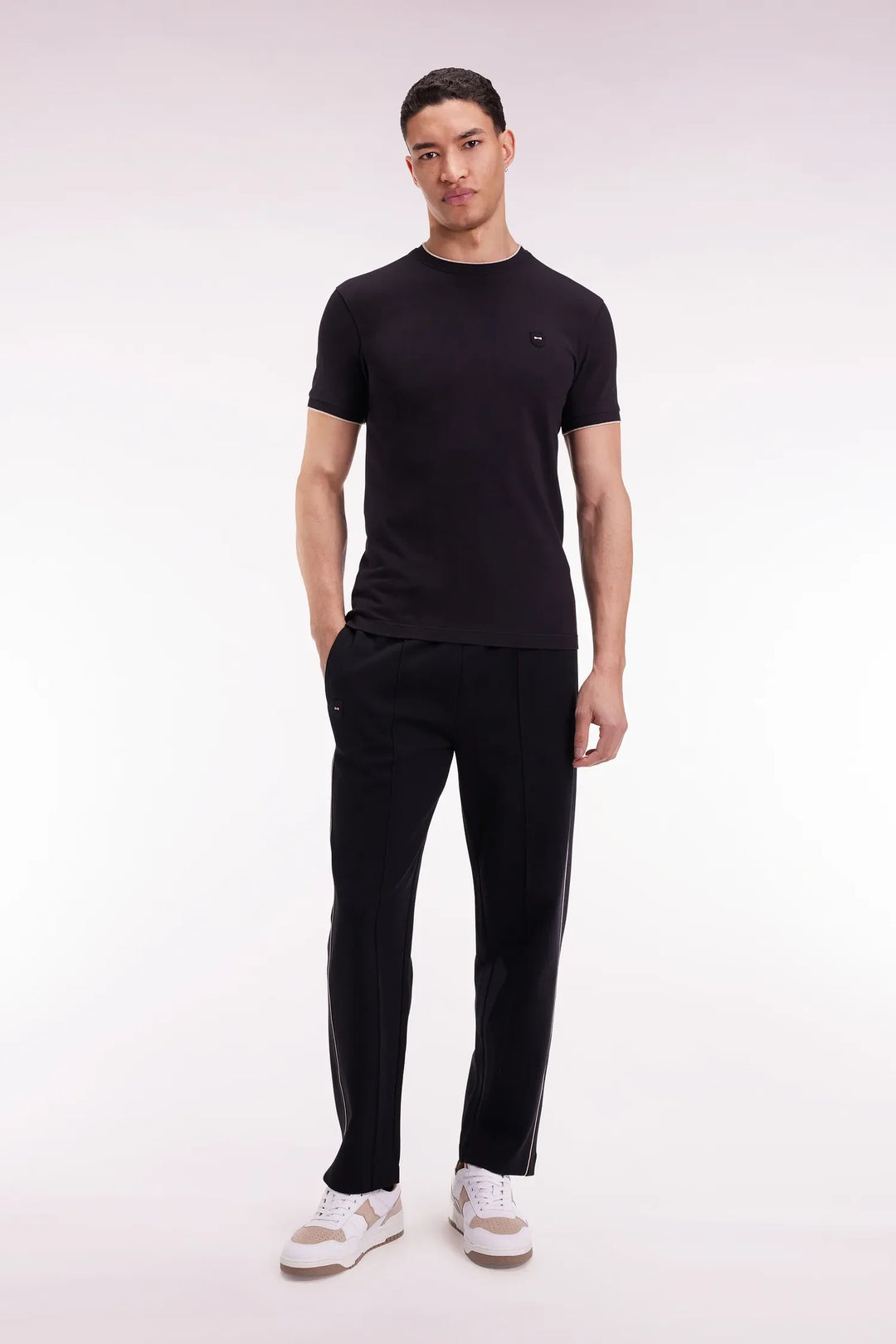 Black Brushed Fleece Joggers with Piping and Straight Fit Front Pleats