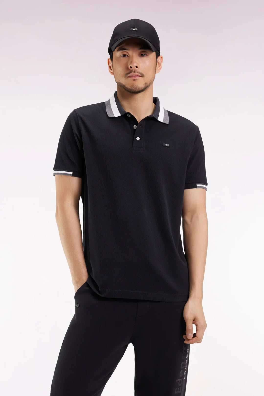 Short-Sleeved Polo Shirt in Black Cotton with Tricolour Details with a Loose Fit