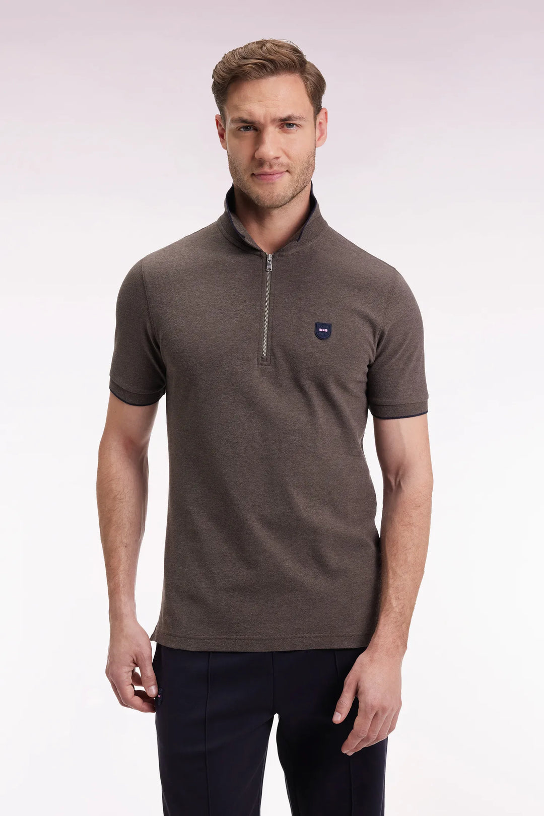 Short-Sleeved Polo Shirt in Brown Stretch Cotton Piqué with Zip Slim Fit