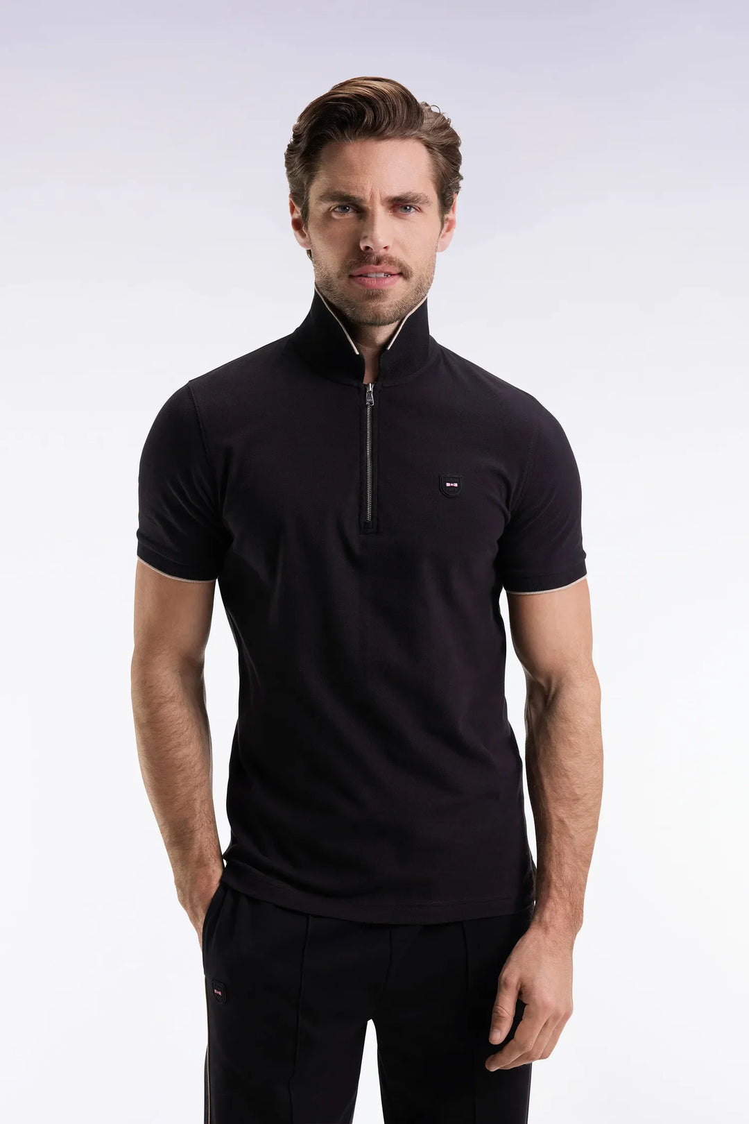 Short-Sleeved Polo Shirt in Black Stretch Cotton Piqué with Zip Slim Fit