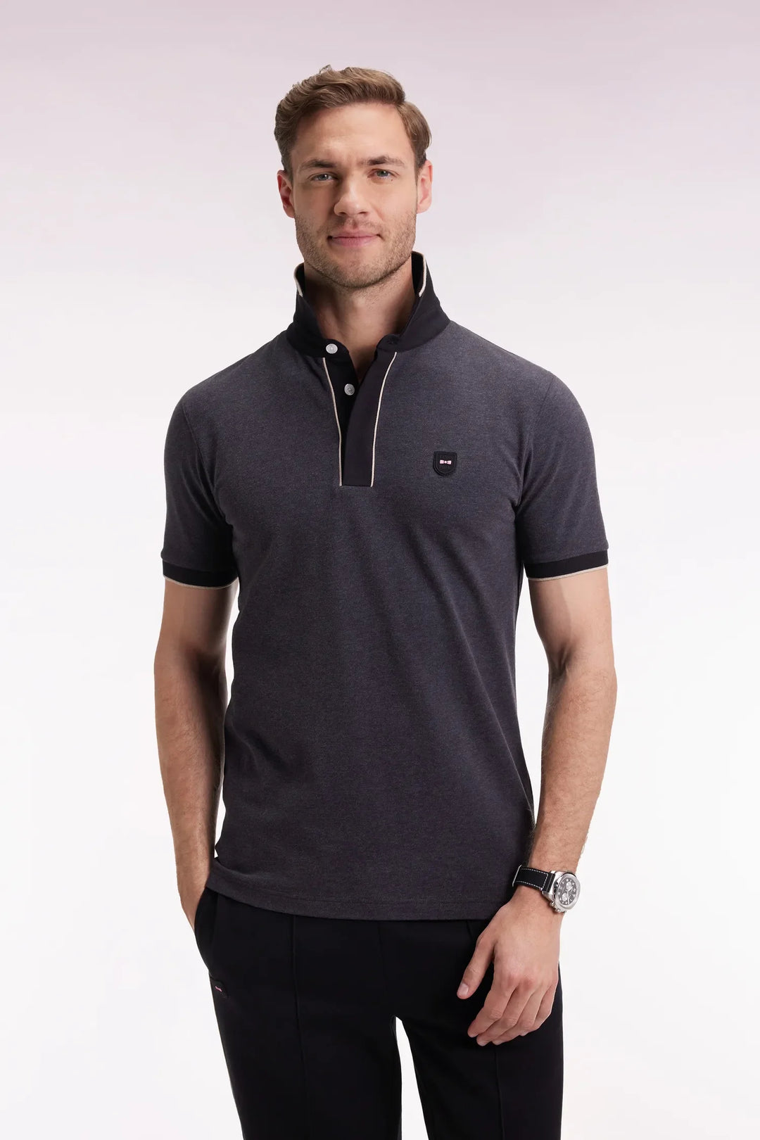 Short-Sleeved Polo Shirt in Grey Stretch Cotton Piqué Slim Fit