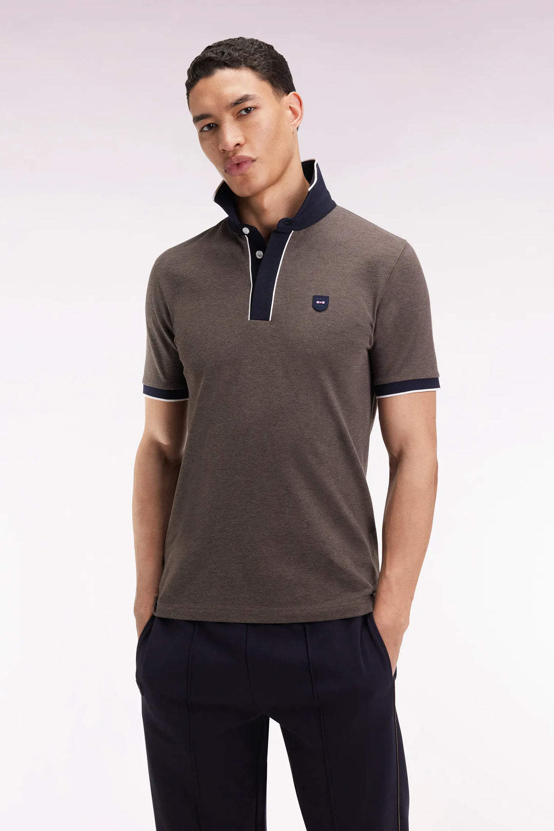 Short-Sleeved Polo Shirt in Brown Stretch Cotton Piqué Slim Fit