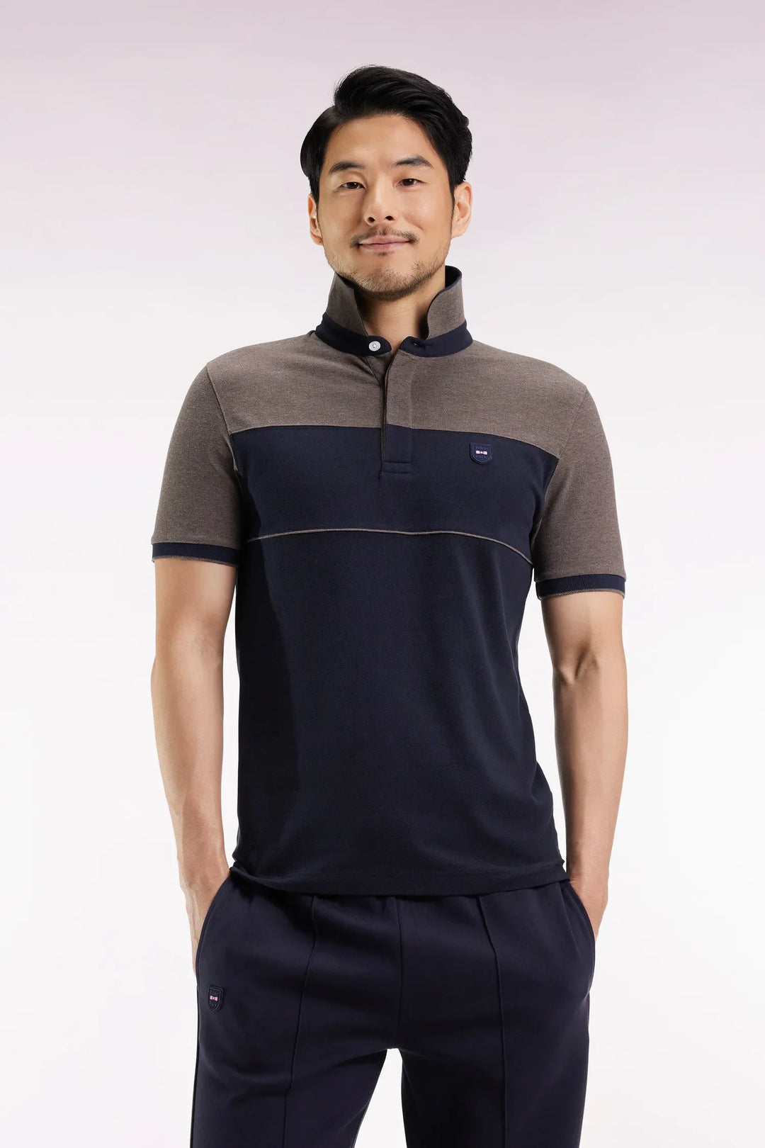 Two-Tone Short-Sleeved Polo Shirt in Navy Stretch Cotton Piqué Slim Fit