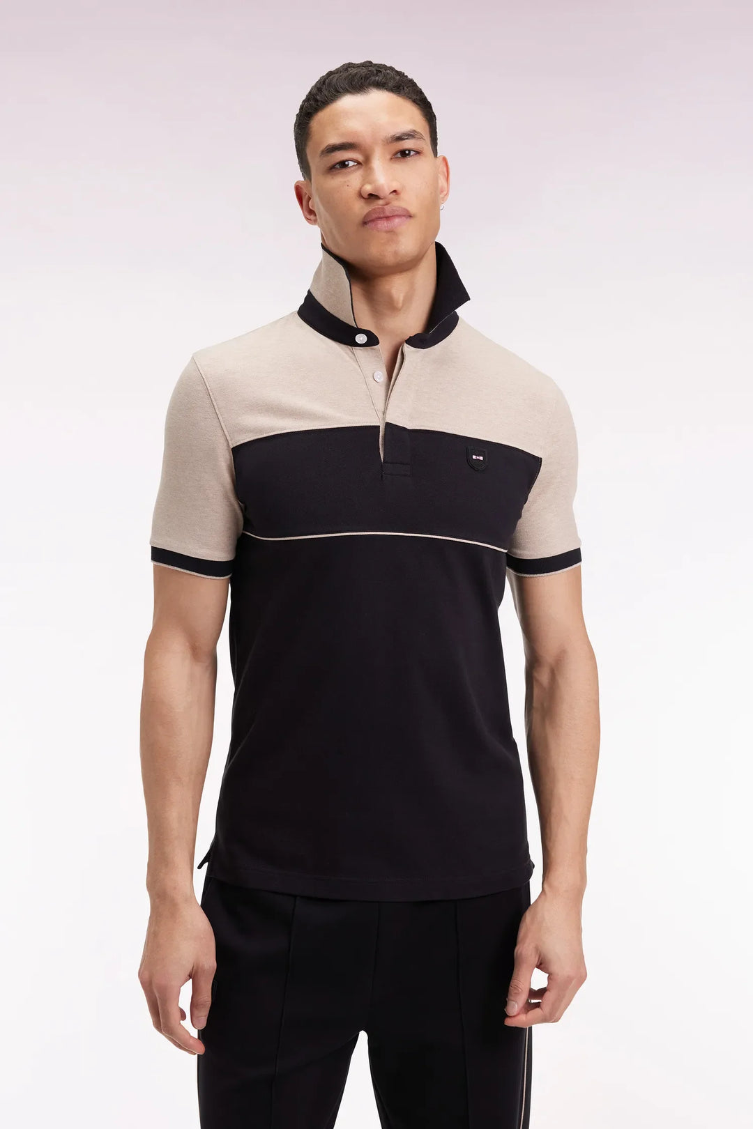 Two-Tone Short-Sleeved Polo Shirt in Black Stretch Cotton Piqué Slim Fit