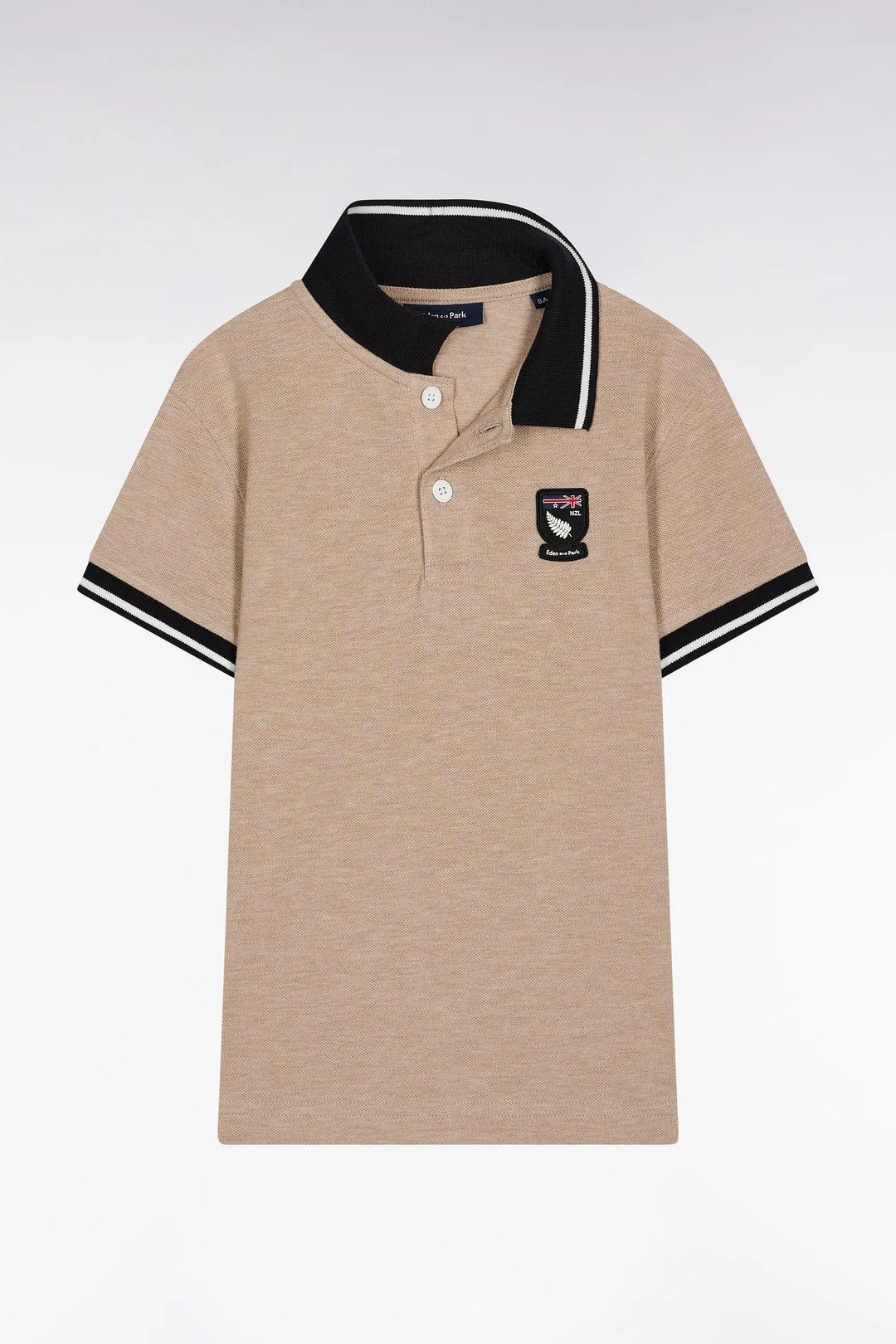 Short-Sleeved Polo Shirt in Navy and Beige Cotton with 10 Straight Cut Patch