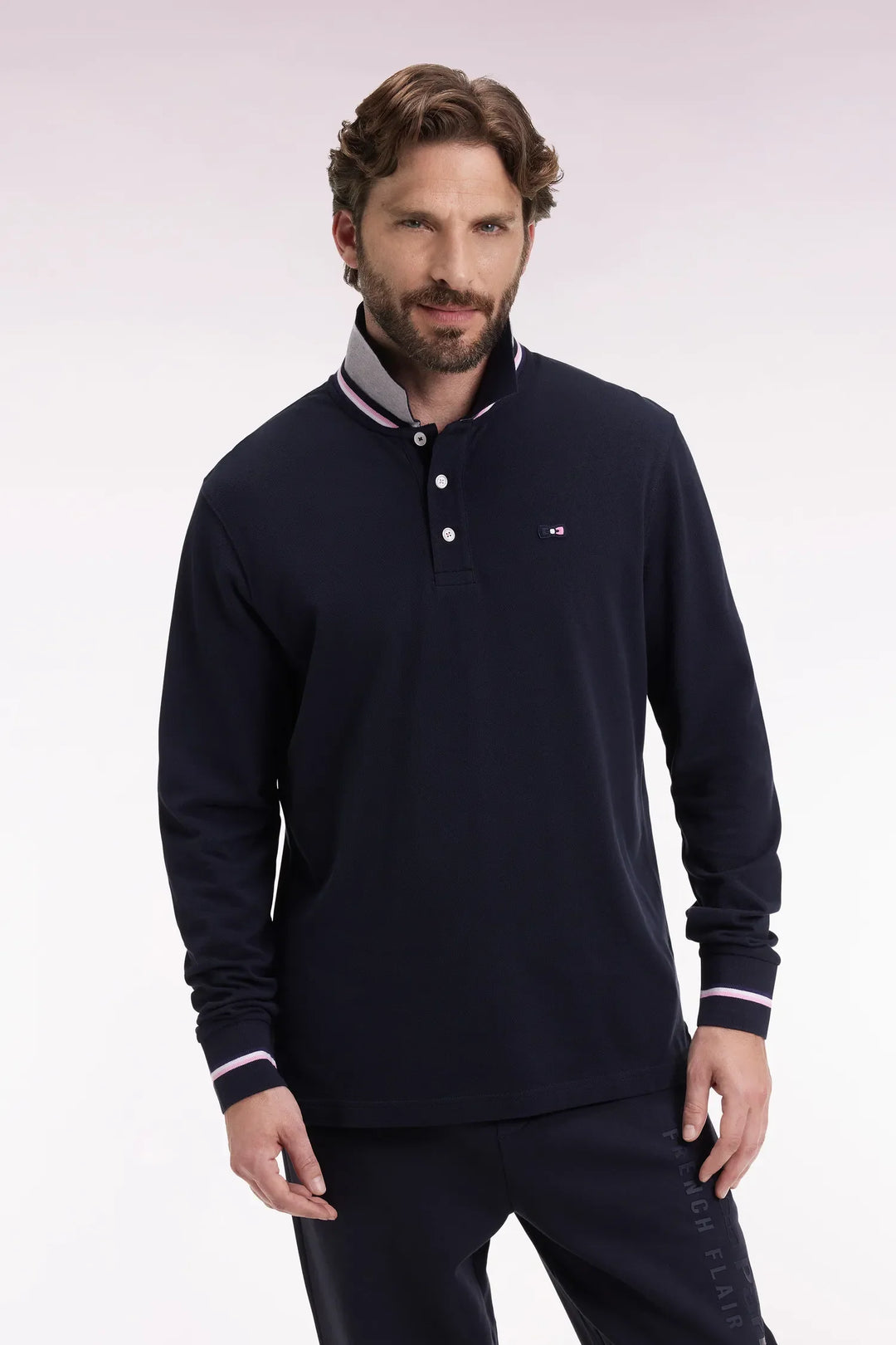 Relaxed Fit Navy Cotton Long-Sleeved Polo Shirt
