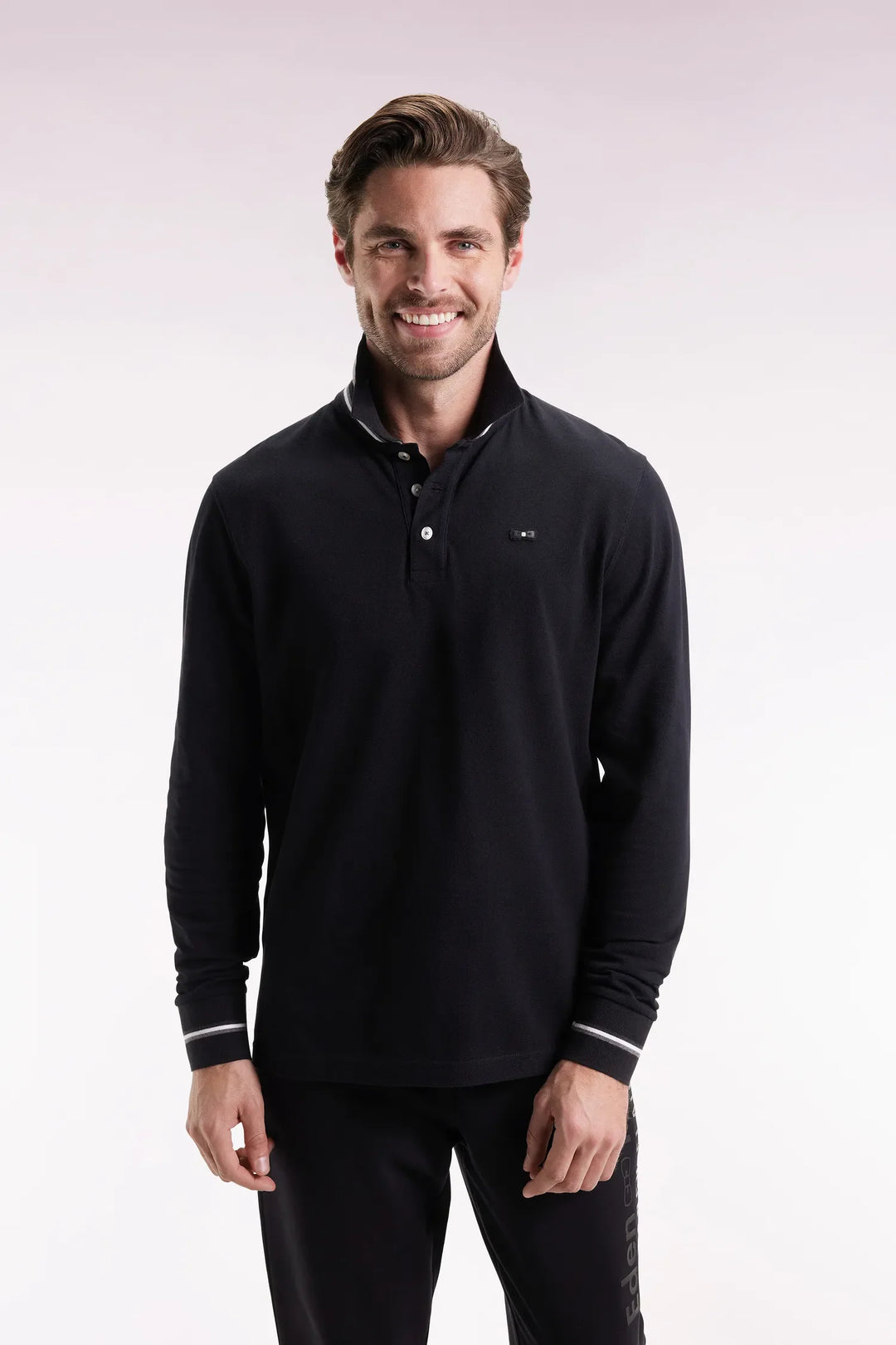 Long-Sleeved Polo Shirt in Black Cotton with a Relaxed Fit