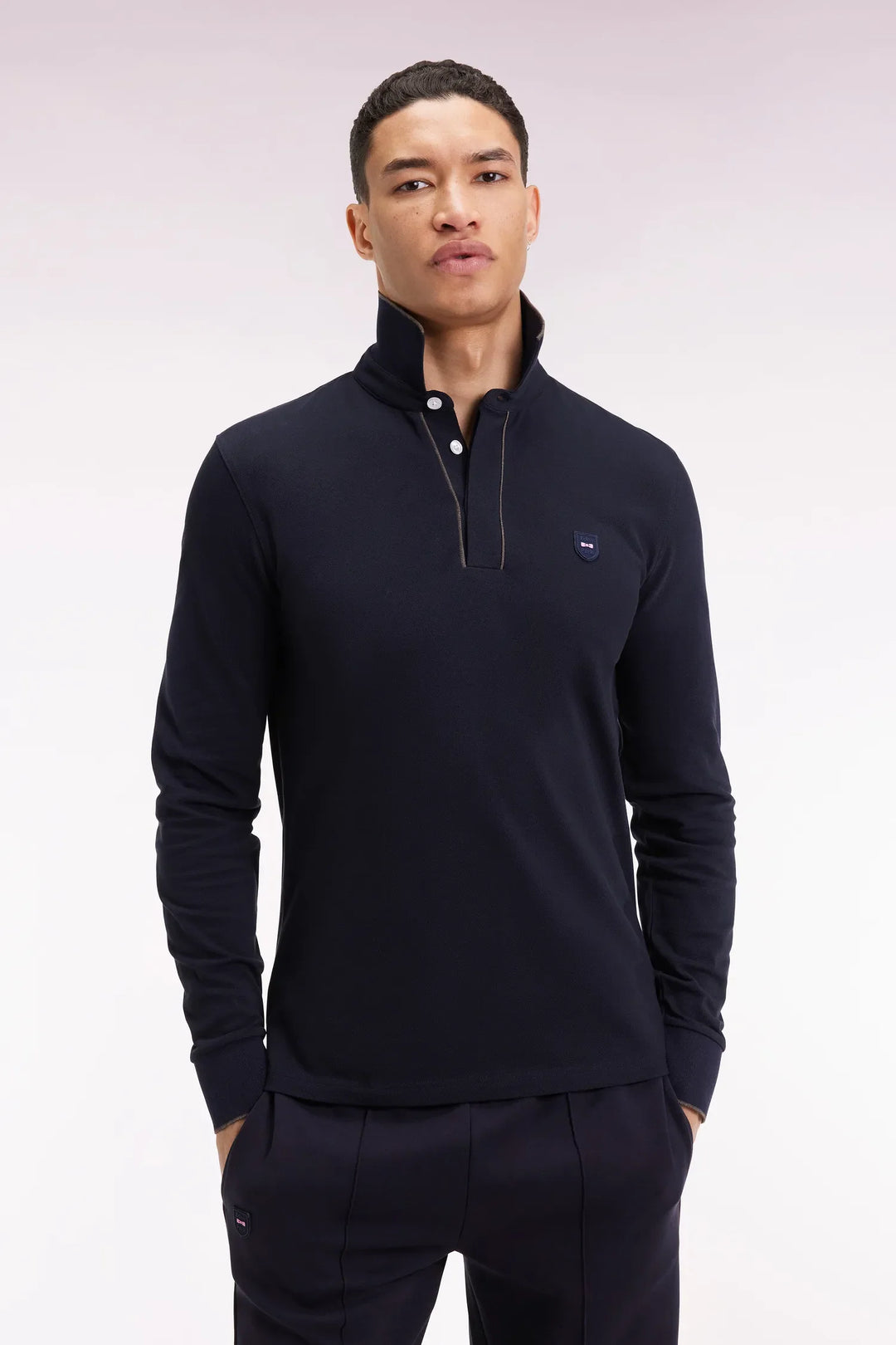 Long-Sleeved Polo Shirt in Navy Cotton Stretch with Slim Fit