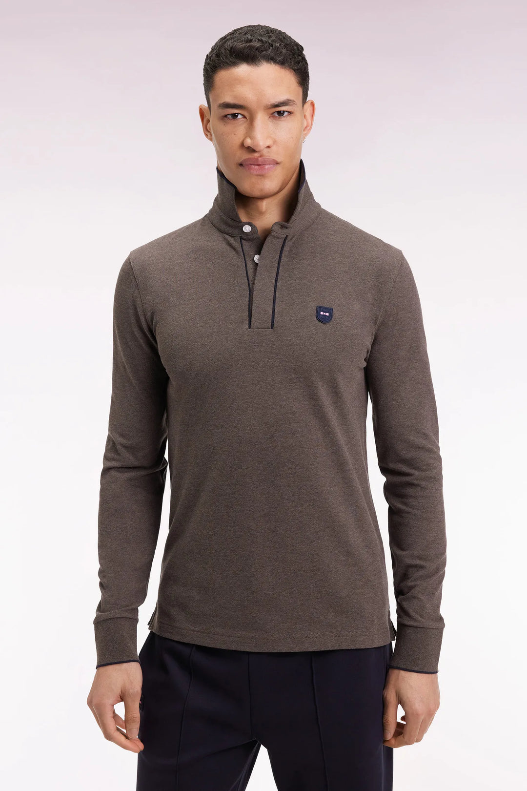 Long-Sleeved Polo Shirt in Brown Stretch Cotton with Slim Fit