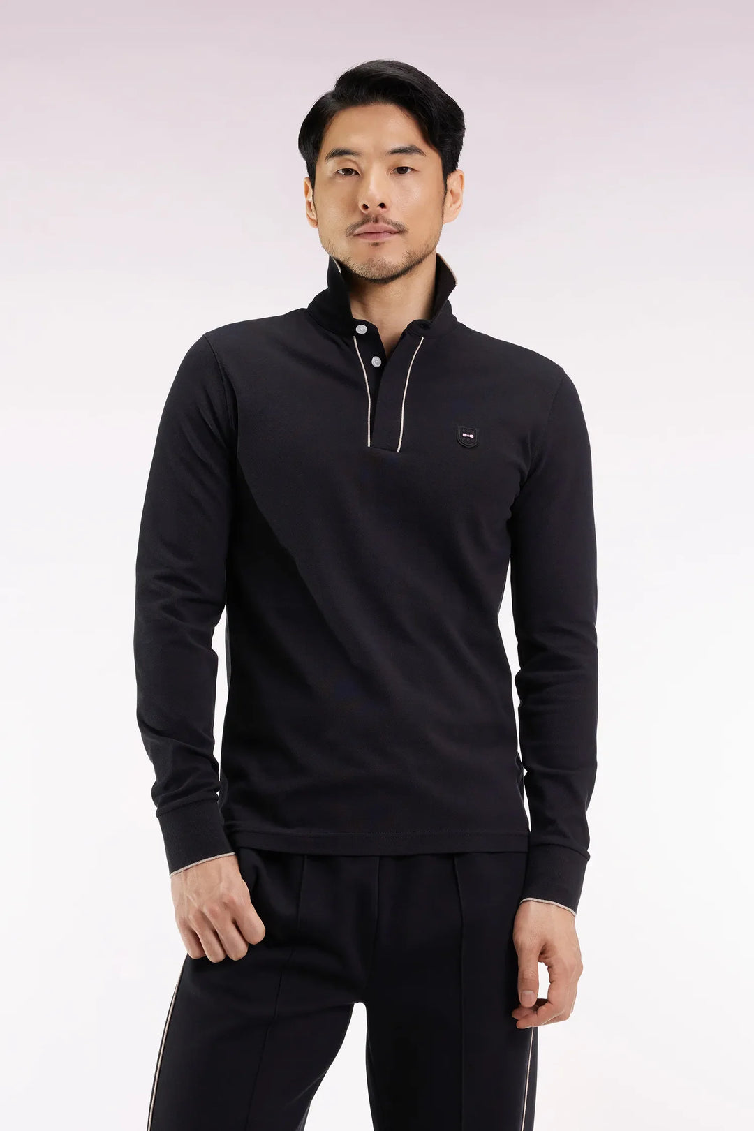 Long-Sleeved Polo Shirt in Black Stretch Cotton with Slim Fit