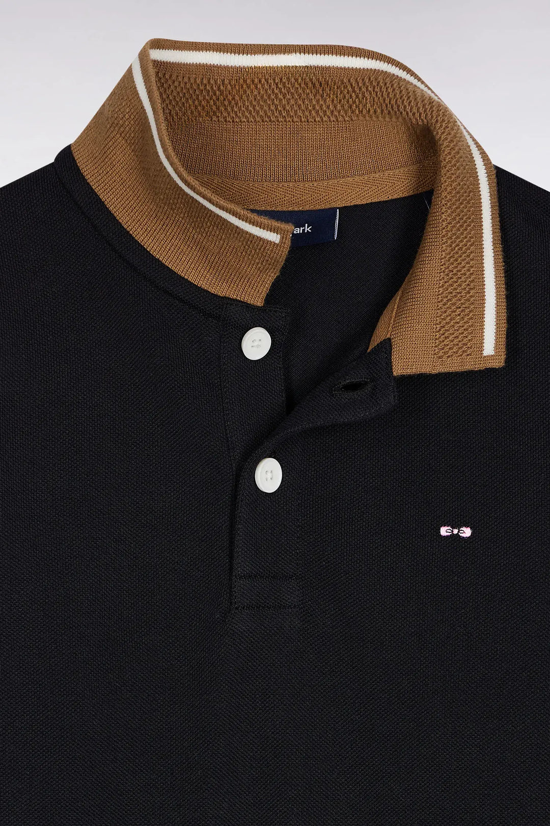 Long-Sleeved Polo Shirt in Black Cotton Piqué with Camel Finishes