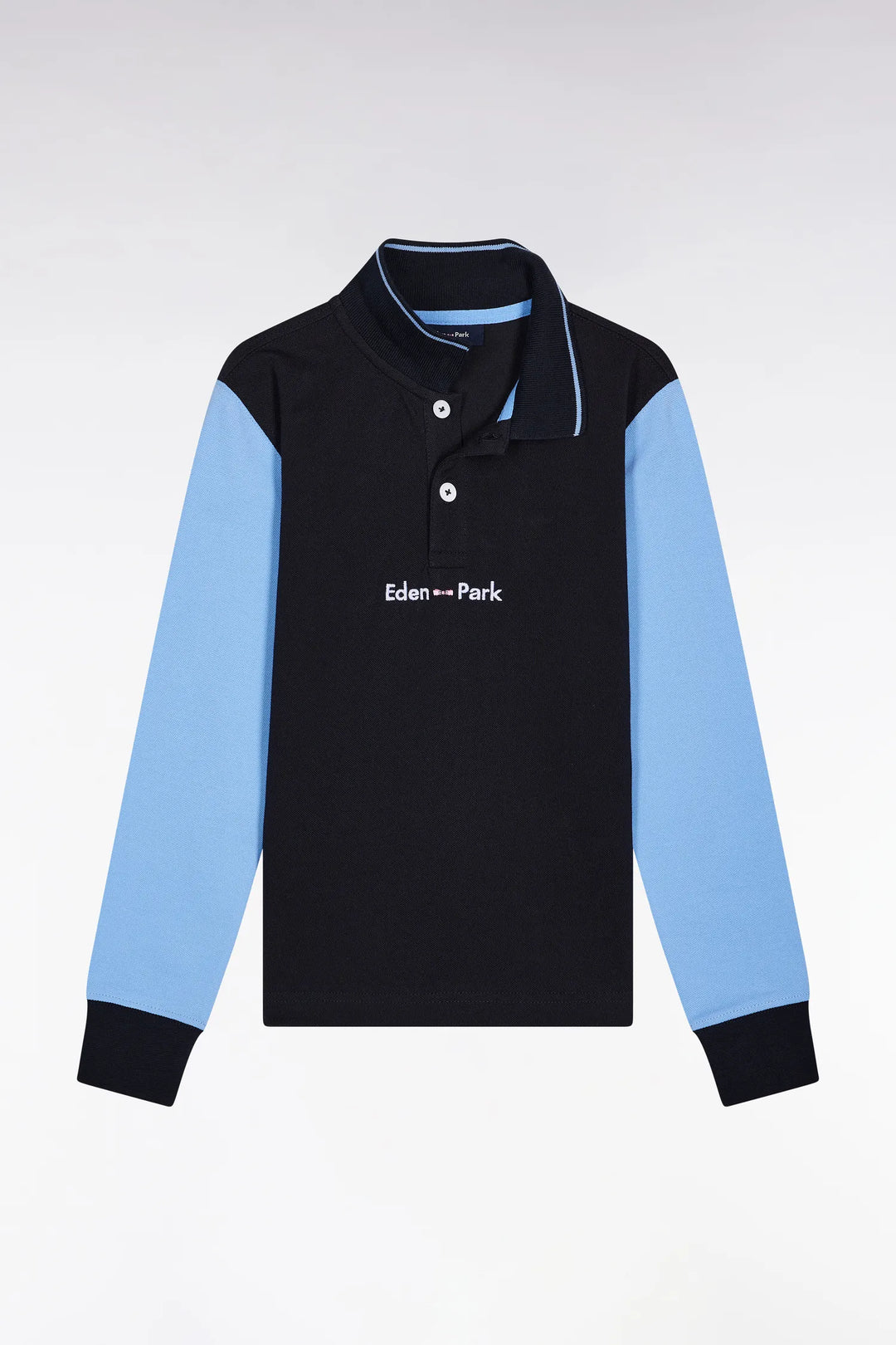 Two-Tone Cotton Piqué Long Sleeve Polo Shirt in Sky