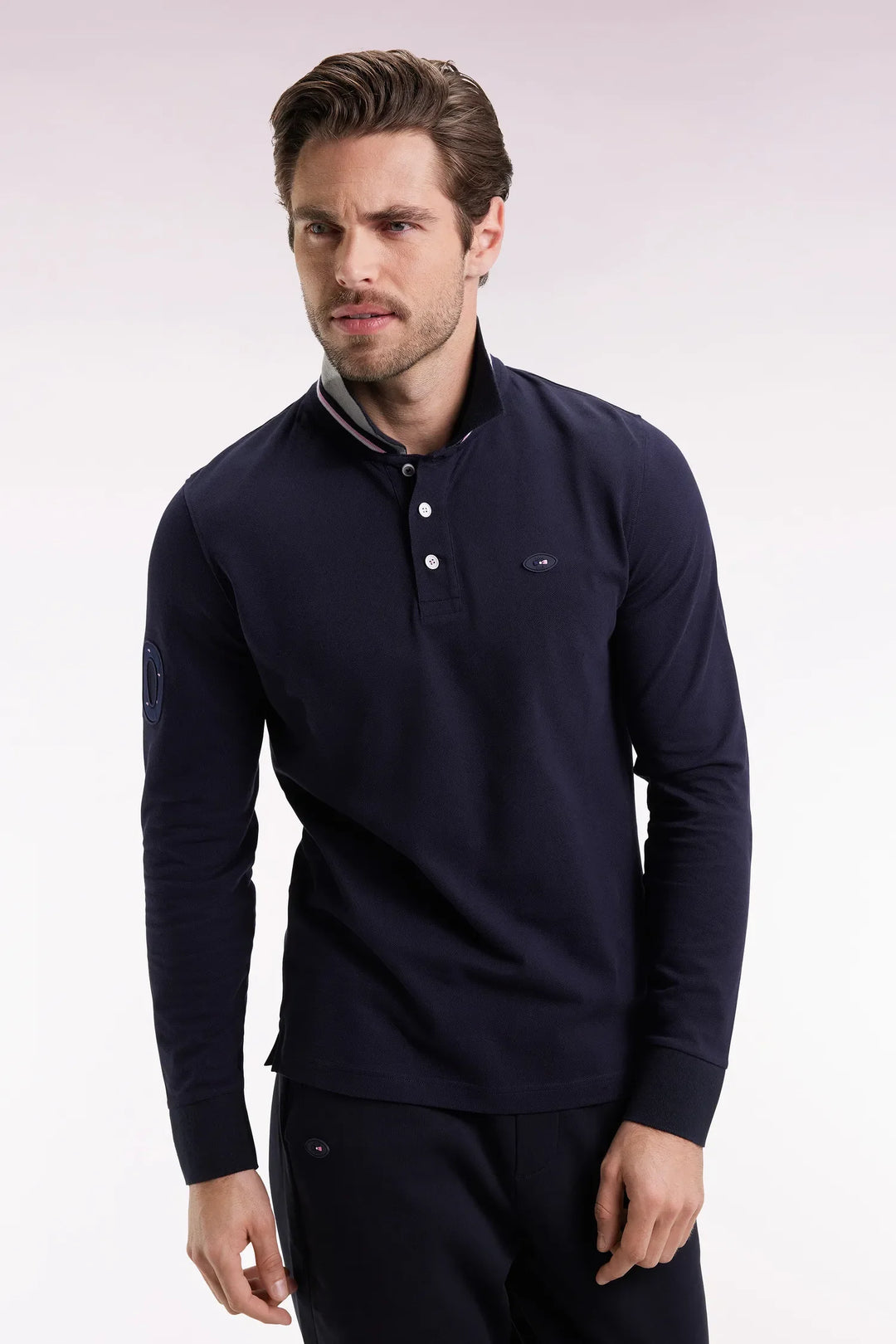 Straight-Cut Embroidered Navy Cotton Long-Sleeved Polo Shirt