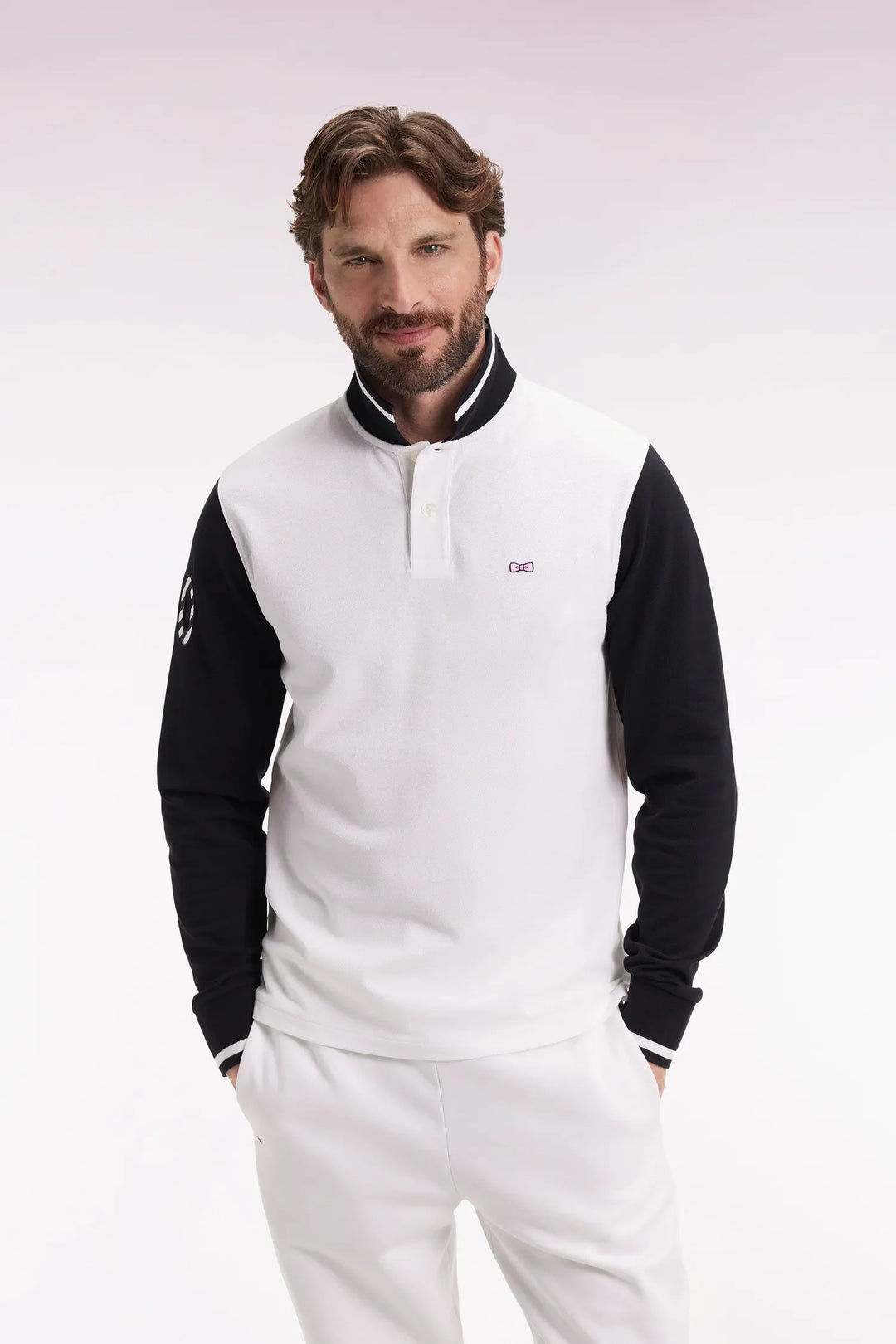 Two-Tone White Cotton Piqué Long-Sleeved Polo Shirt with Embroidery 10