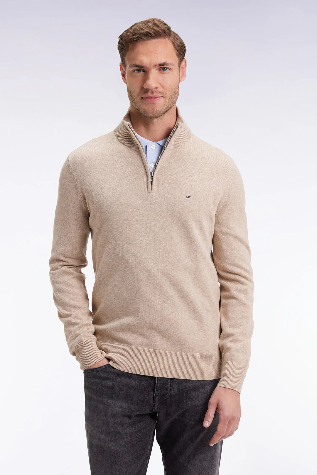 Trucker Collar Sweater in Beige Wool and Cotton