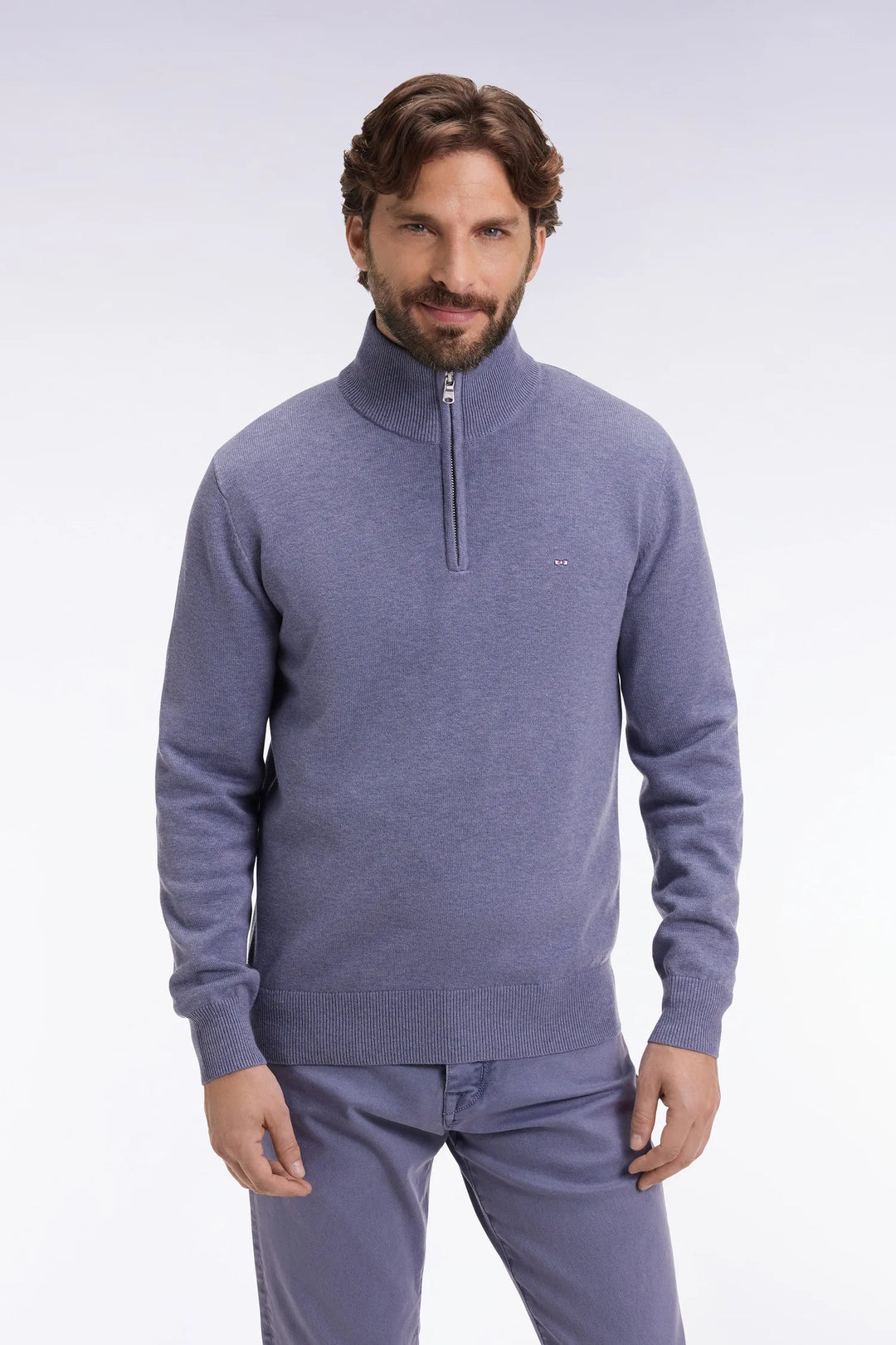 Trucker Collar Sweater in Wool and Cotton Blue Grey