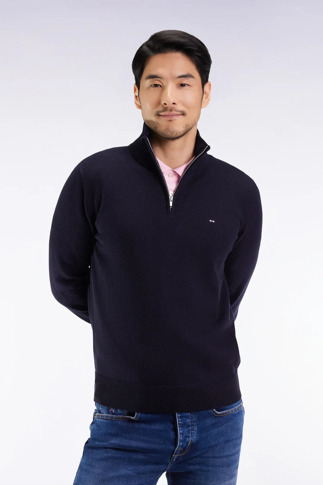 Dark Blue Wool and Cotton Trucker Collar Sweater