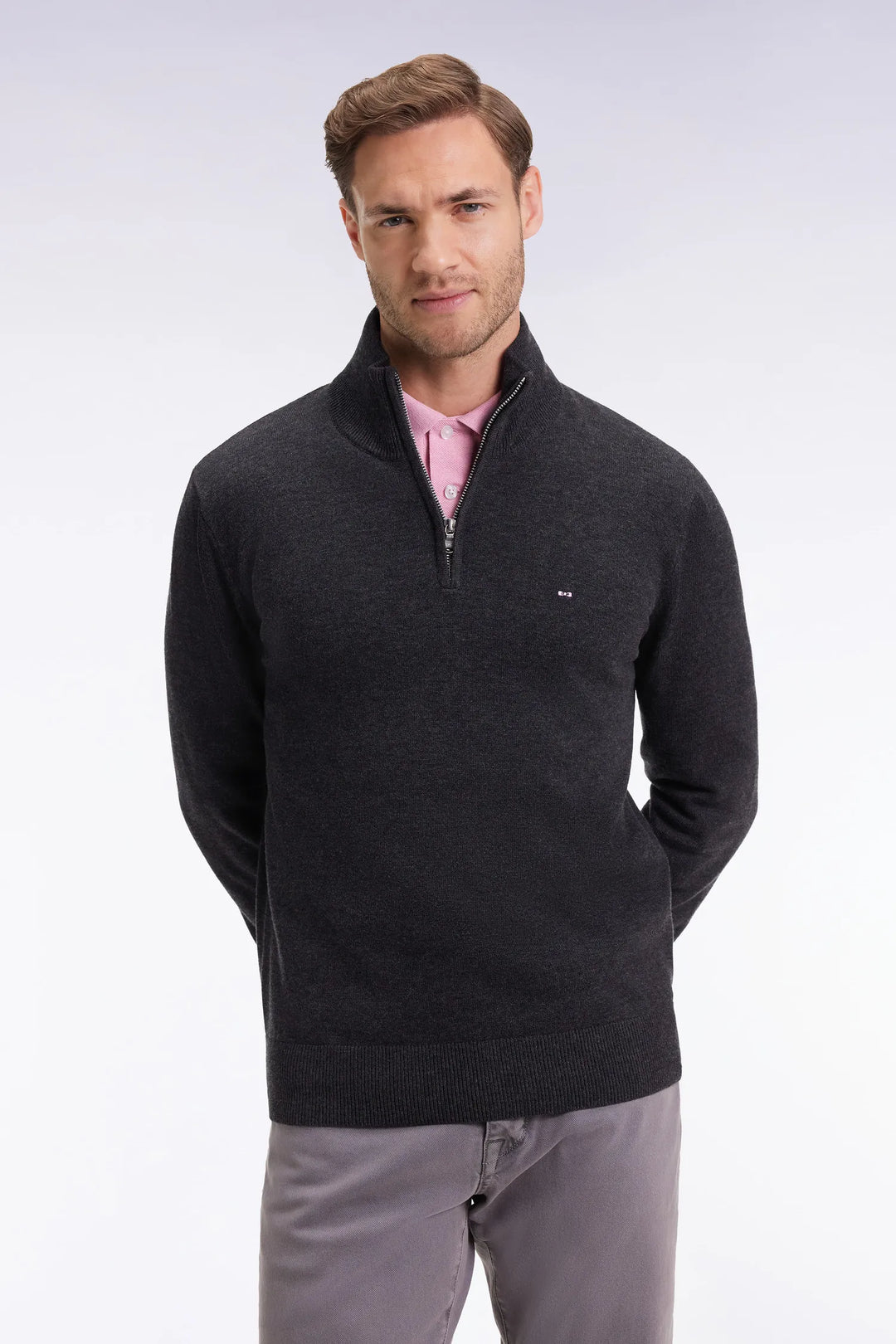 Dark Grey Wool and Cotton Trucker Collar Sweater