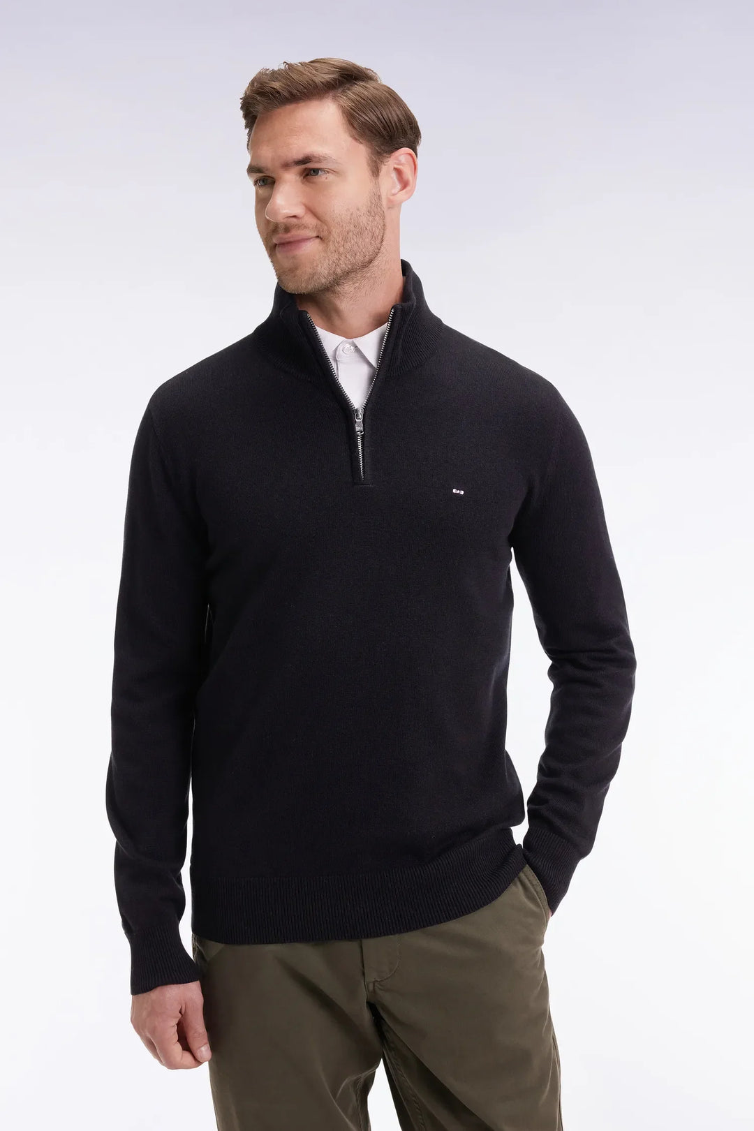 Trucker Collar Sweater in Wool and Black Cotton