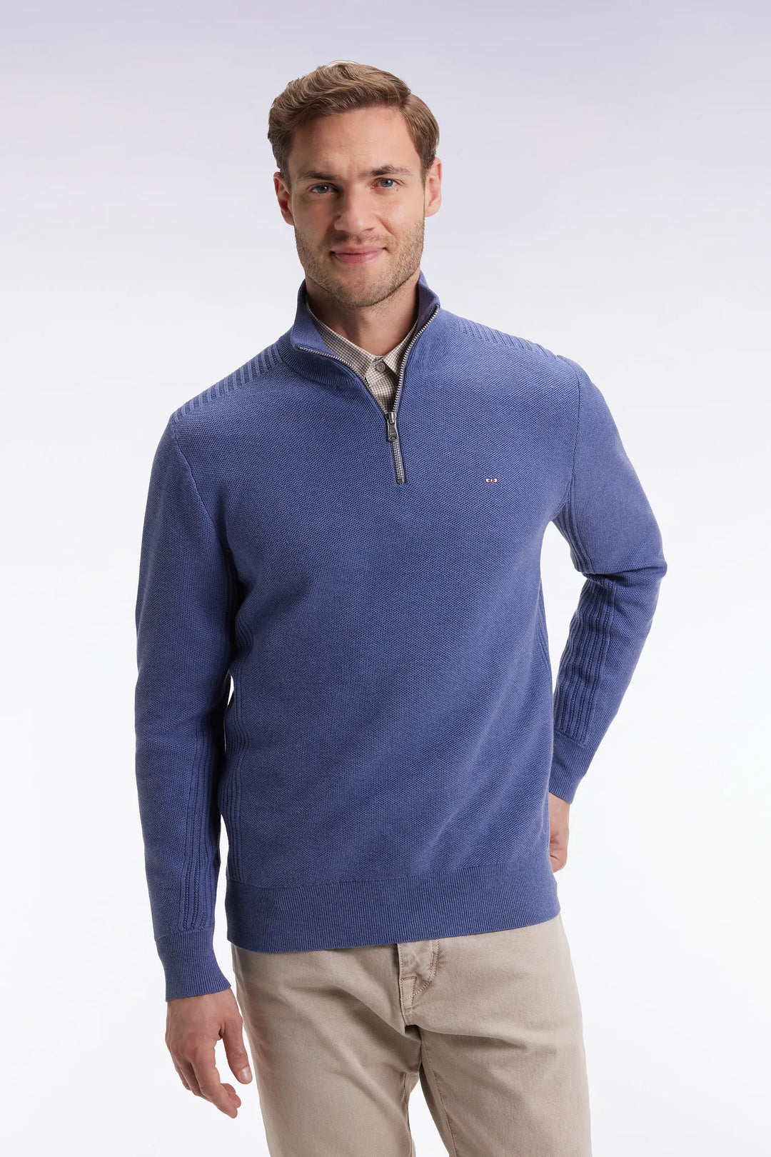 Blue Honeycomb Cotton Trucker Collar Sweater