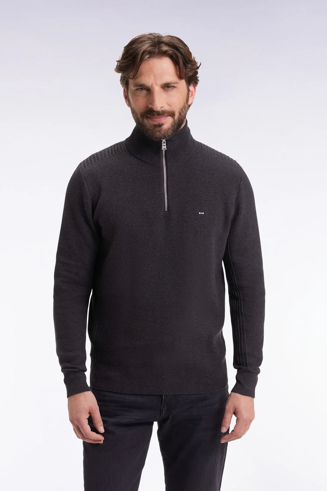 Dark Grey Honeycomb Cotton Trucker Collar Sweater