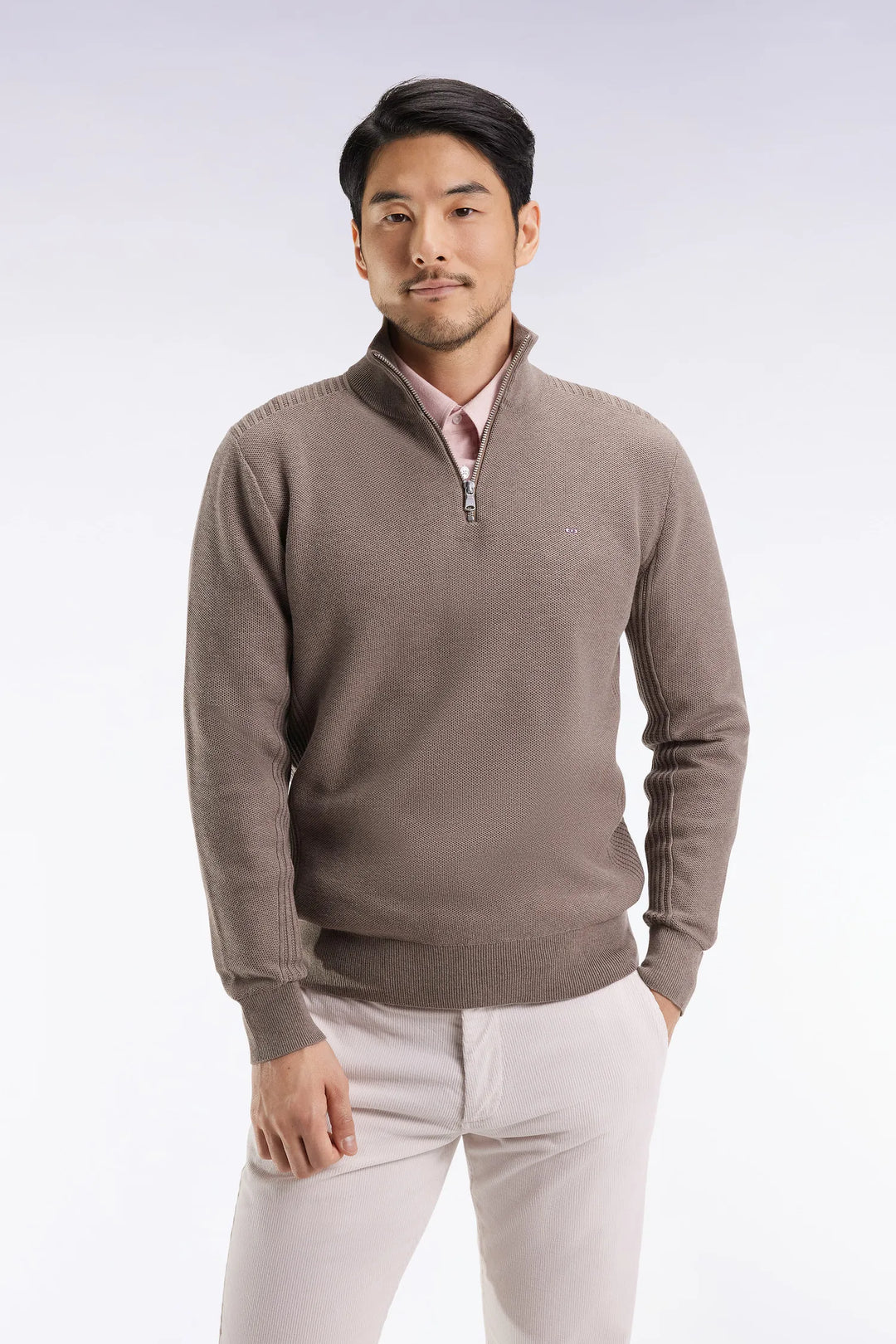 Brown Honeycomb Cotton Trucker Collar Sweater