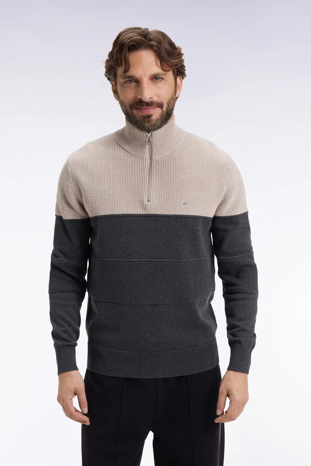 Grey Cotton Trucker Collar Sweater with Stripe Effect