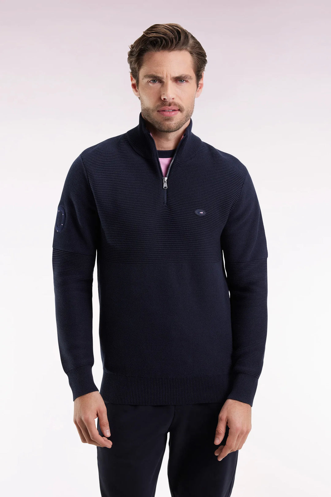XV De France Trucker Collar Sweater in Navy Cotton