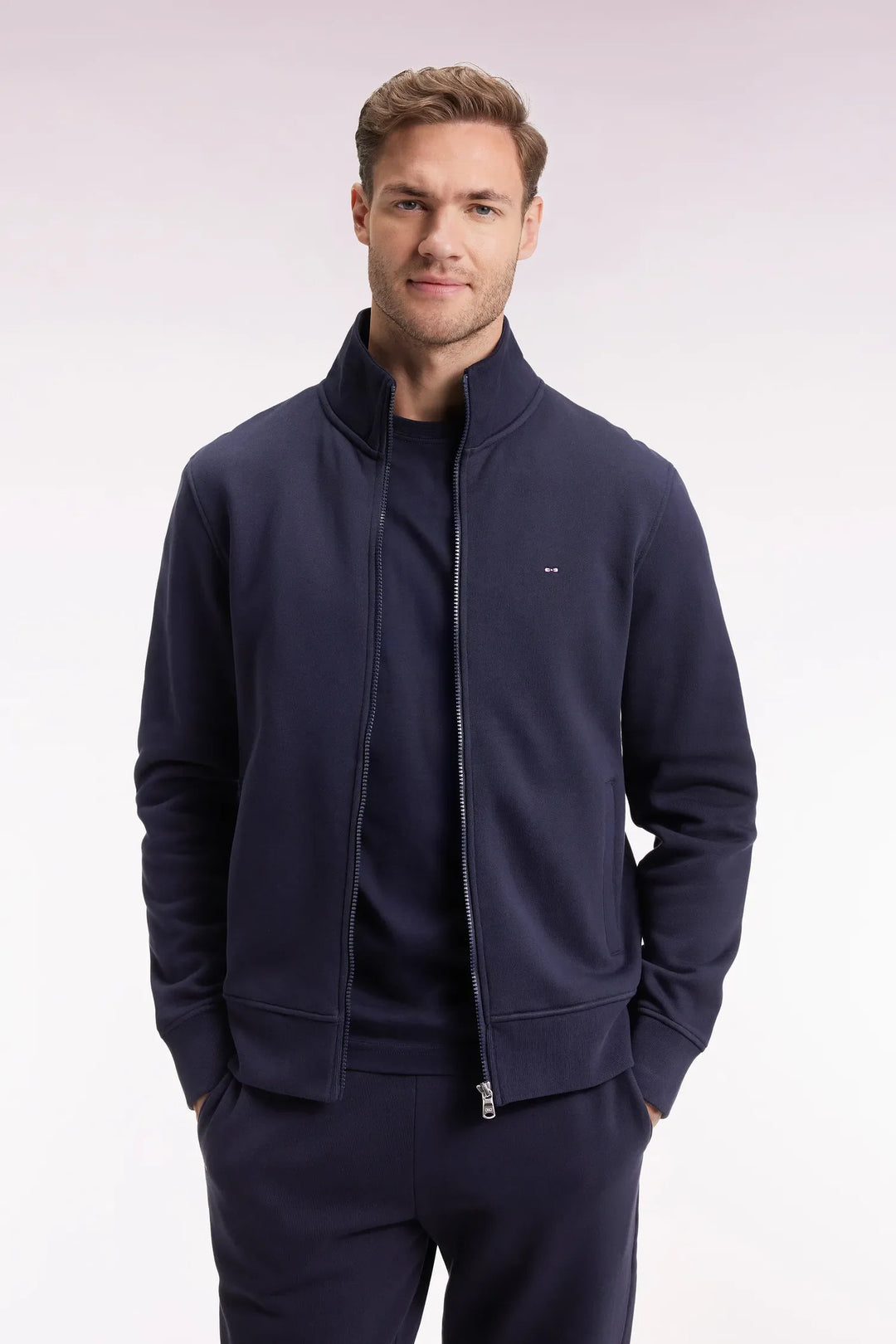 Zipped Navy Cotton Sweatshirt with a Straight Cut