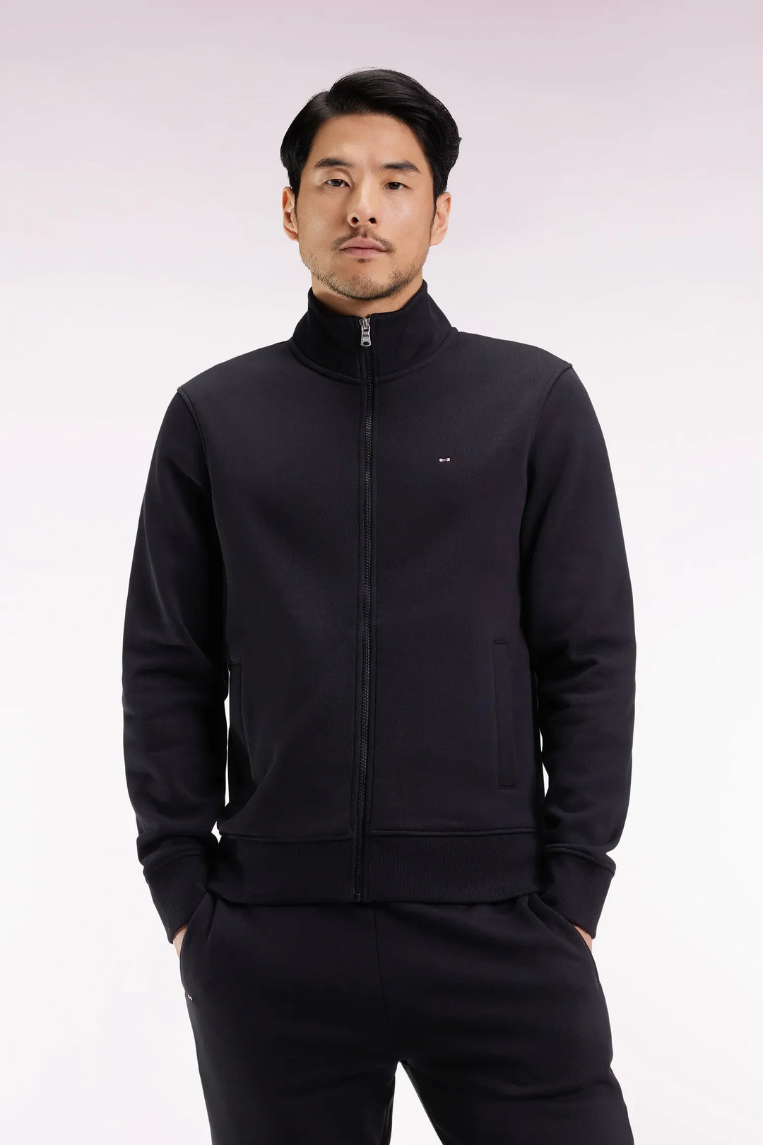 Straight-Cut Black Cotton Zip-Up Sweatshirt