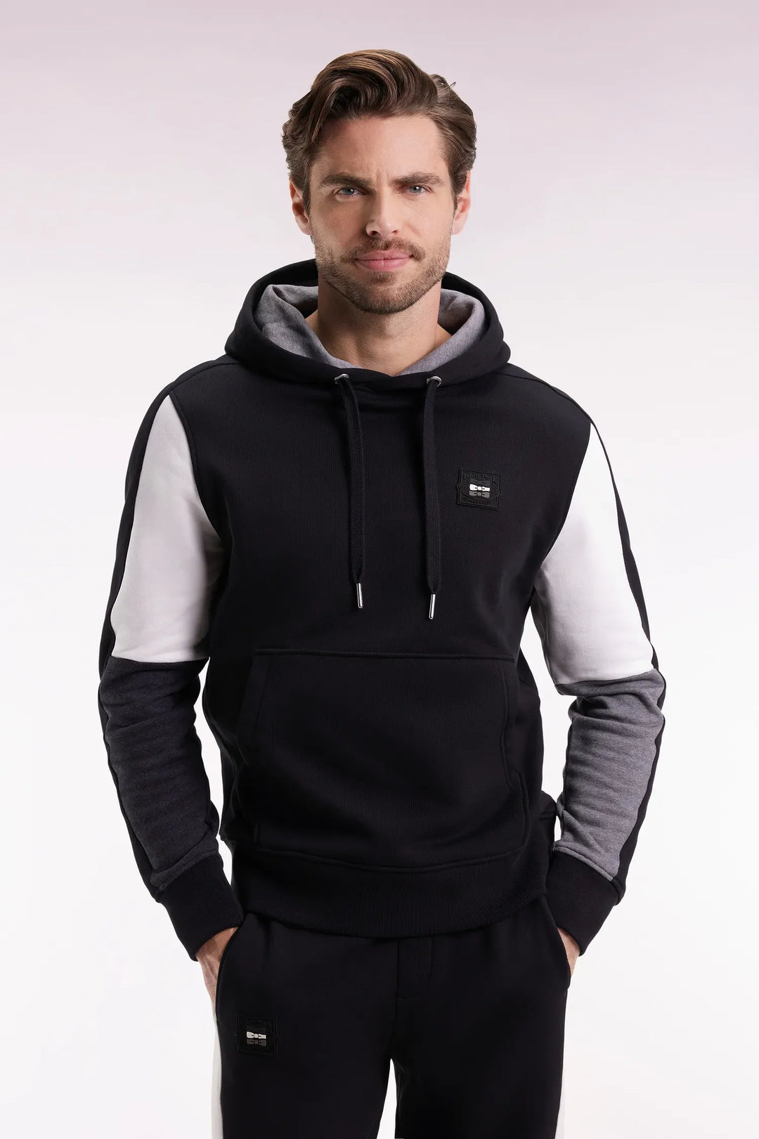 Black Hooded Sweatshirt with Contrasting Sleeve Cut-Outs