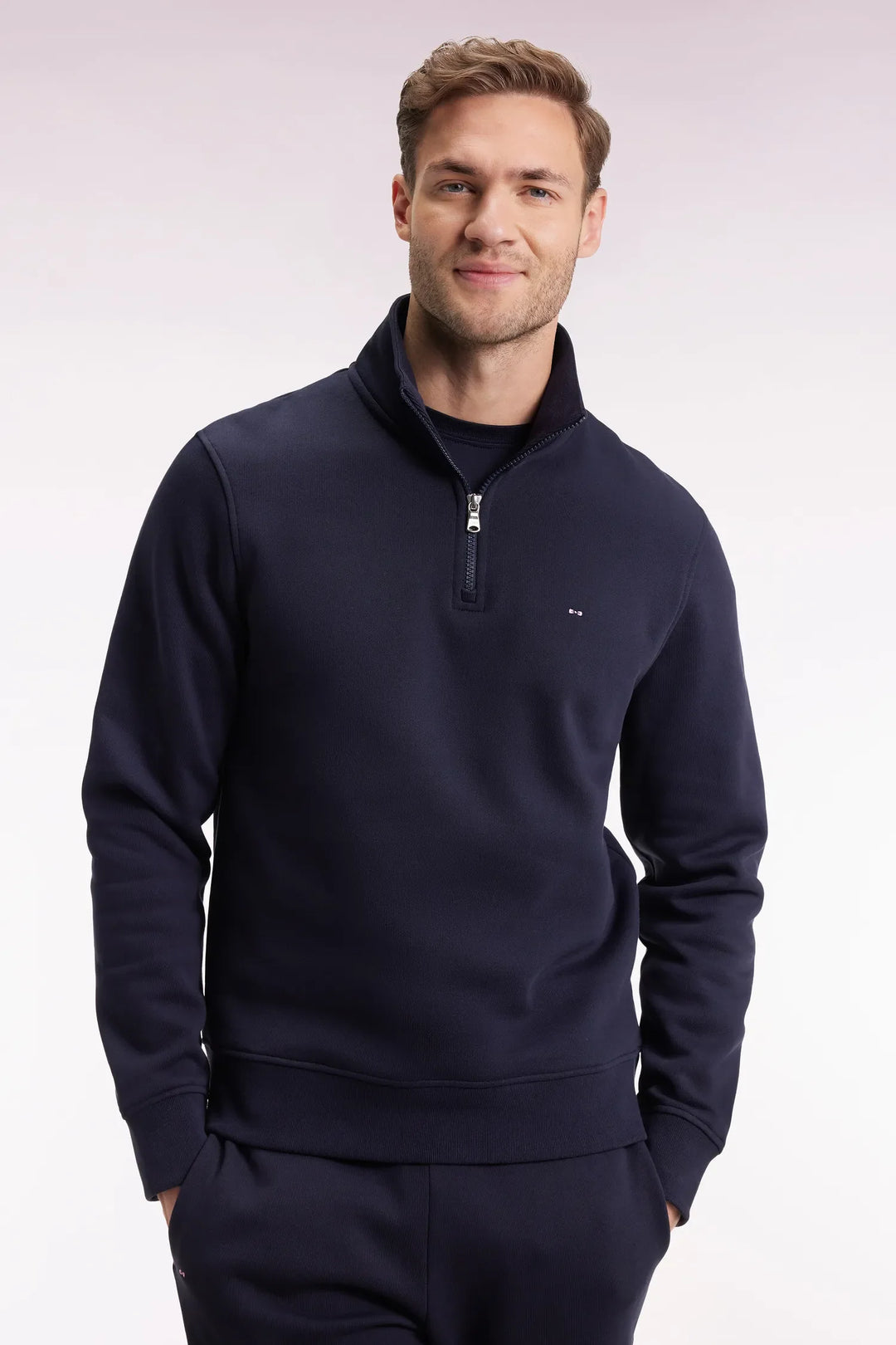 Navy Cotton Fleece Sweatshirt with Zip-Up Stand-Up Collar