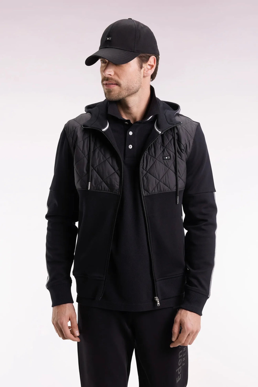 Black and Grey Quilted Bi-Material Interlock Zip-Up Sweatshirt