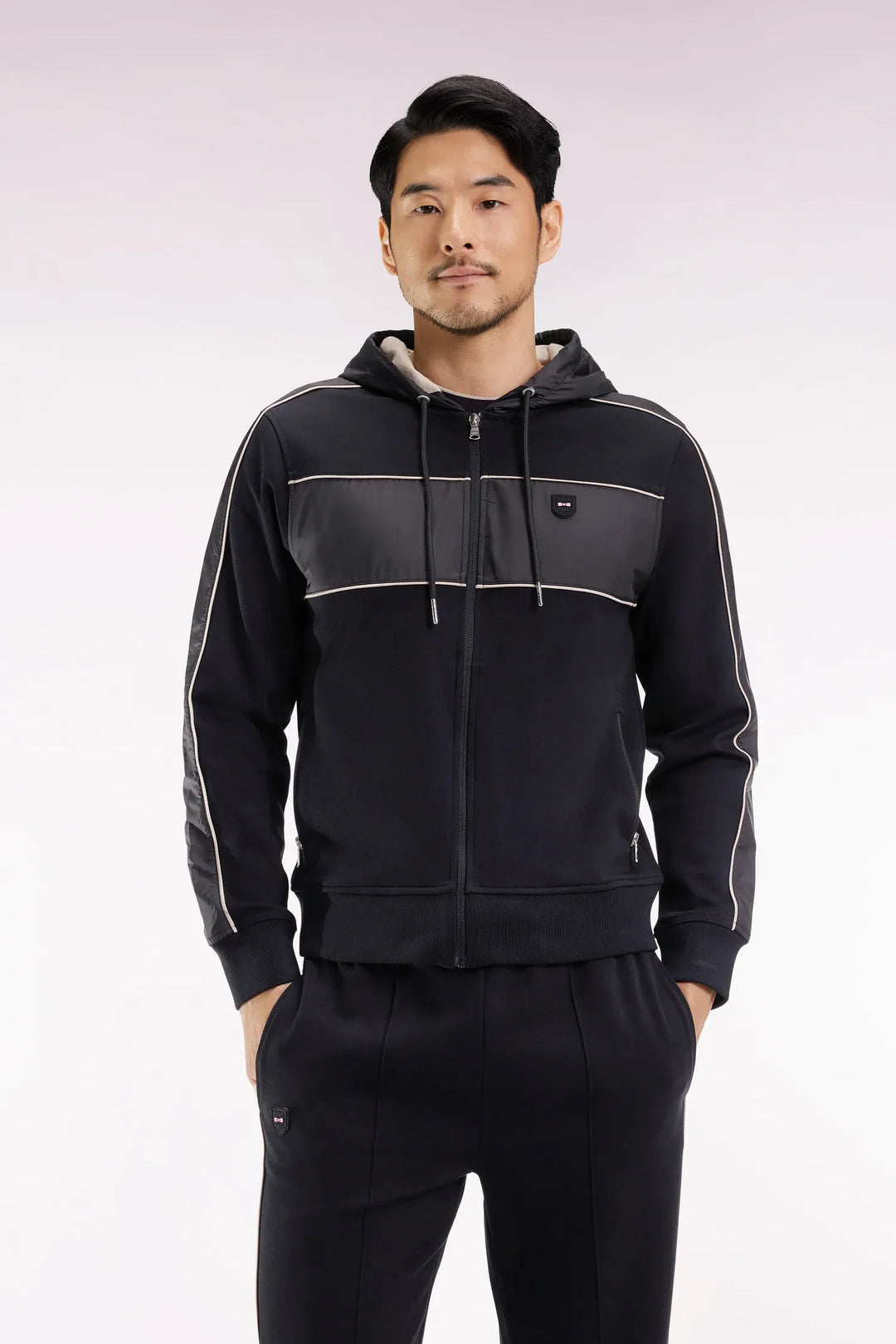 Black and Beige Fleece and Nylon Zip-Up Hooded Sweatshirt