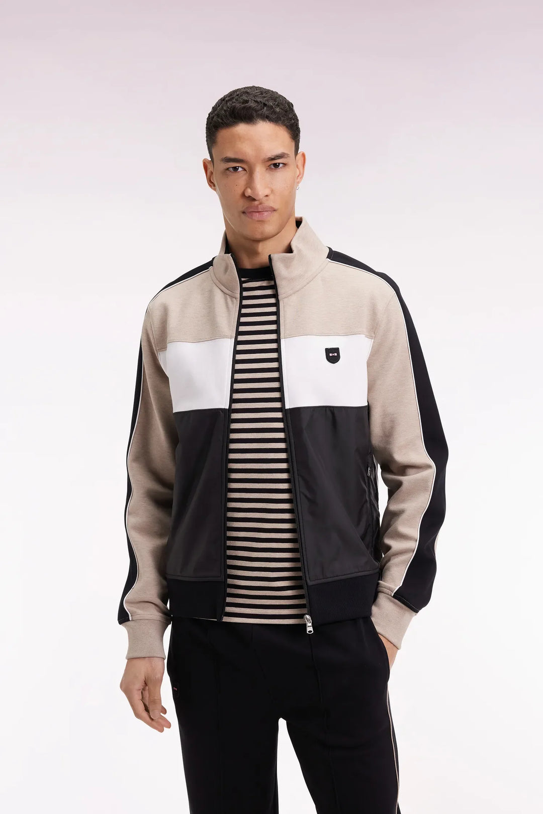 Two-Material Zipped Sweatshirt in Beige Quilted Nylon