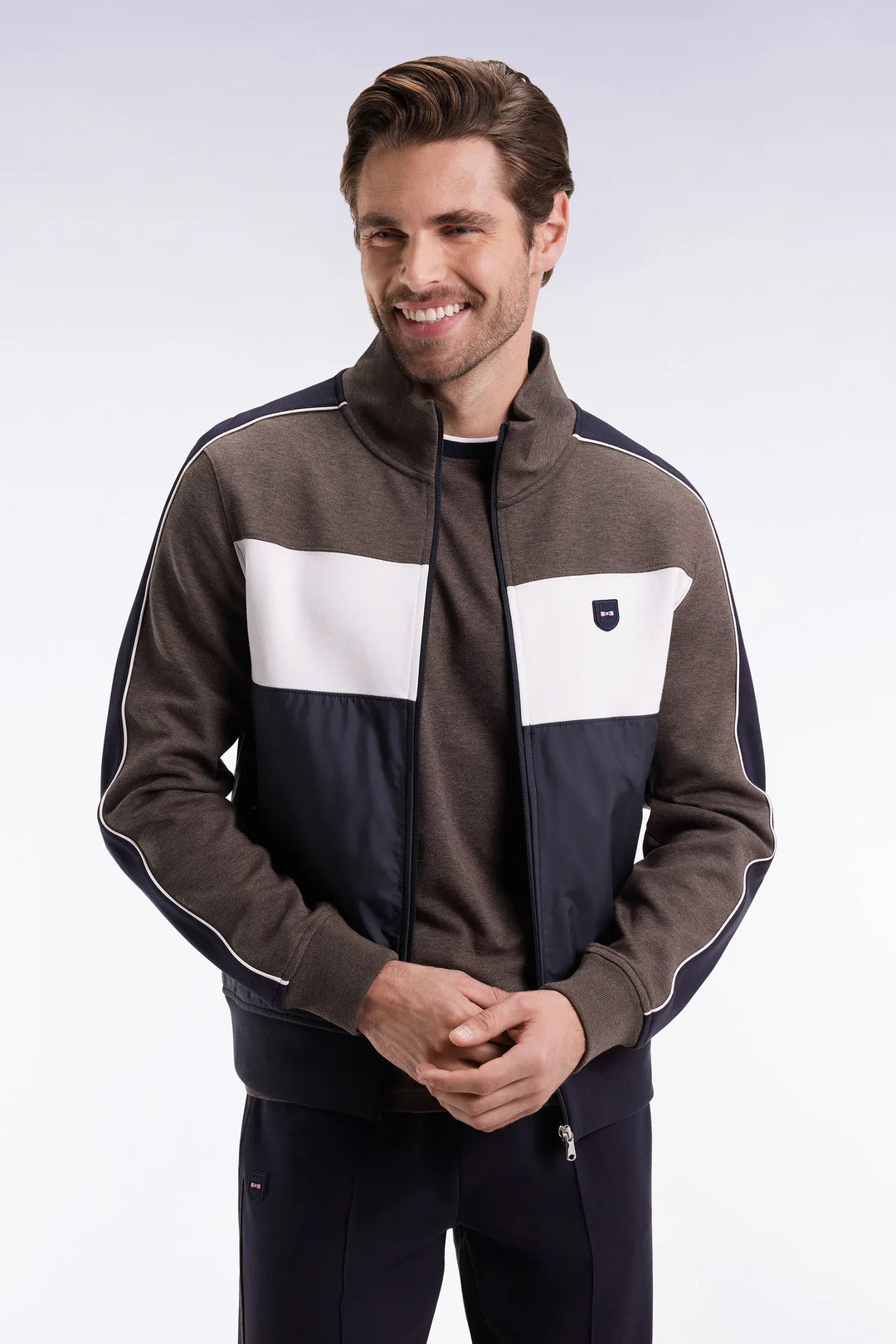 Two-Material Zip-Up Sweatshirt in Brown Quilted Nylon