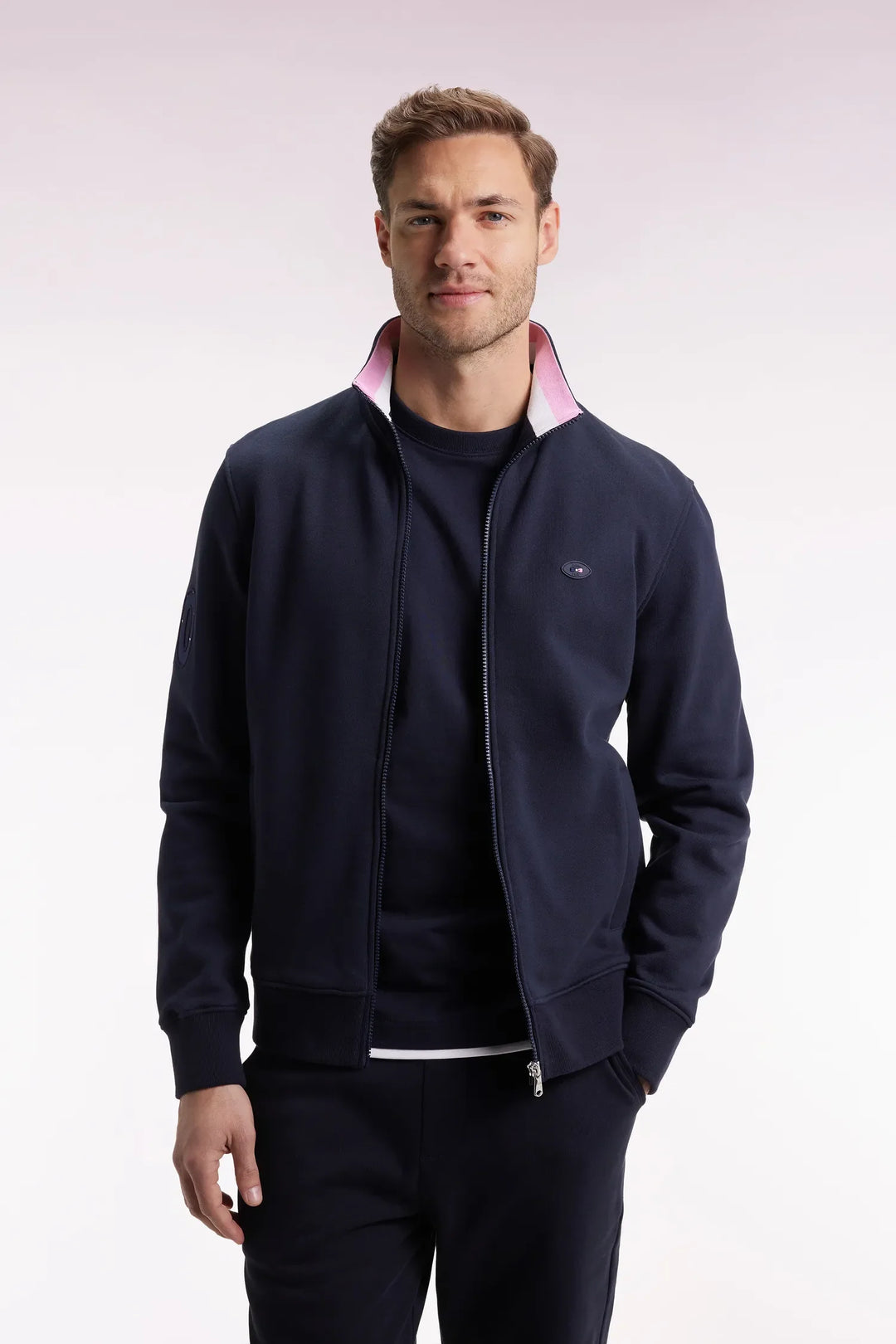 Zipped Sweatshirt in Navy Cotton Embroidery 10 Straight Cut