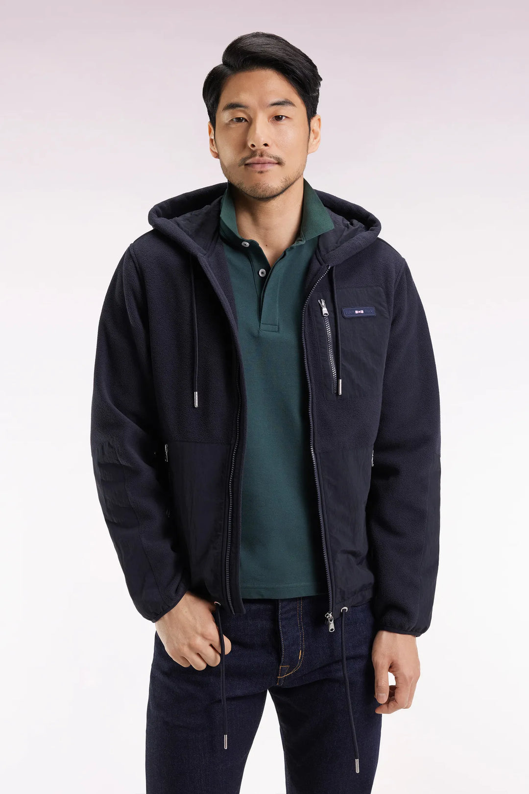 Zip-Up Hooded Sweatshirt in Navy Double Material Straight Cut