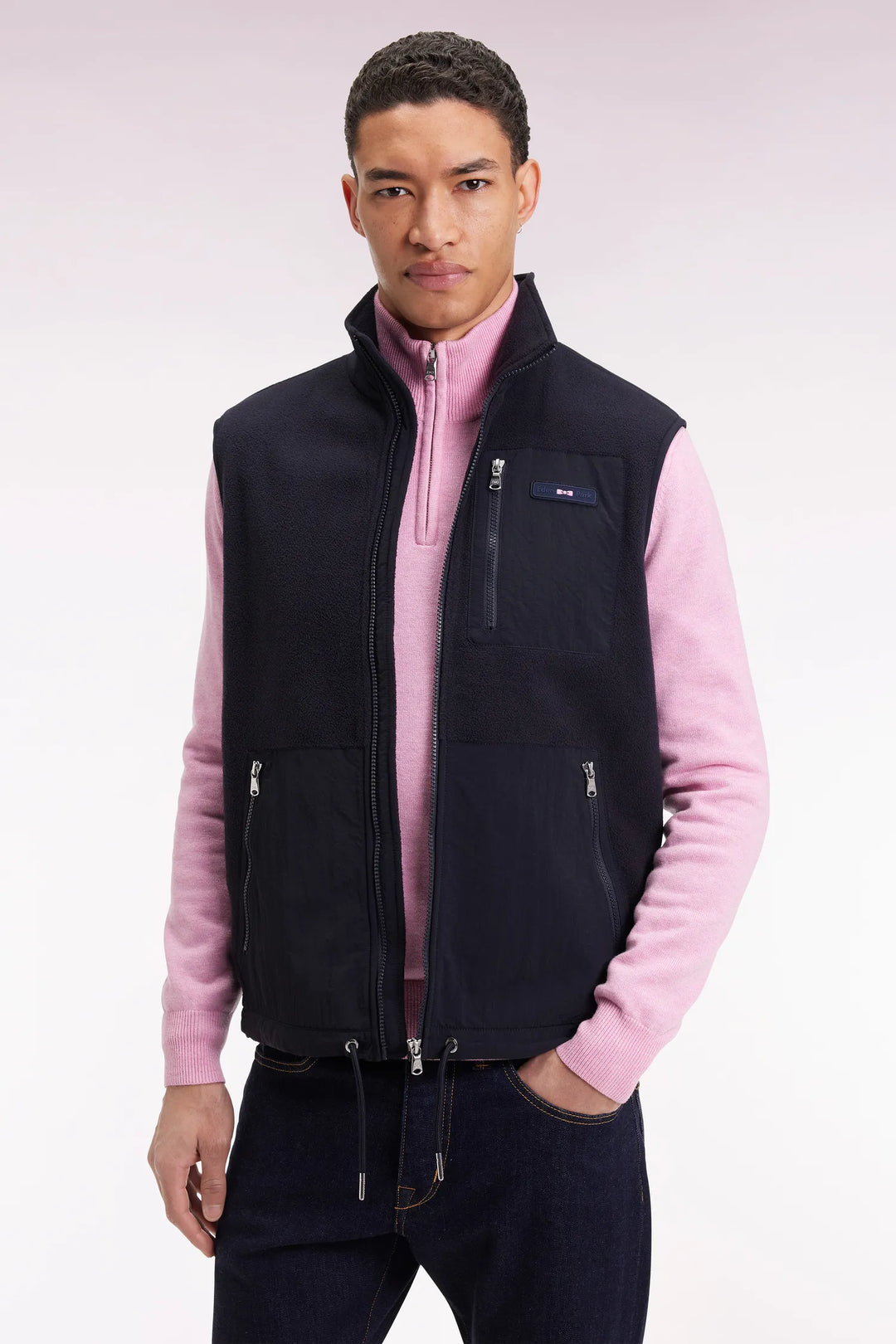 Zip-Up Hooded Sleeveless Sweatshirt in Navy Navy Straight Cut