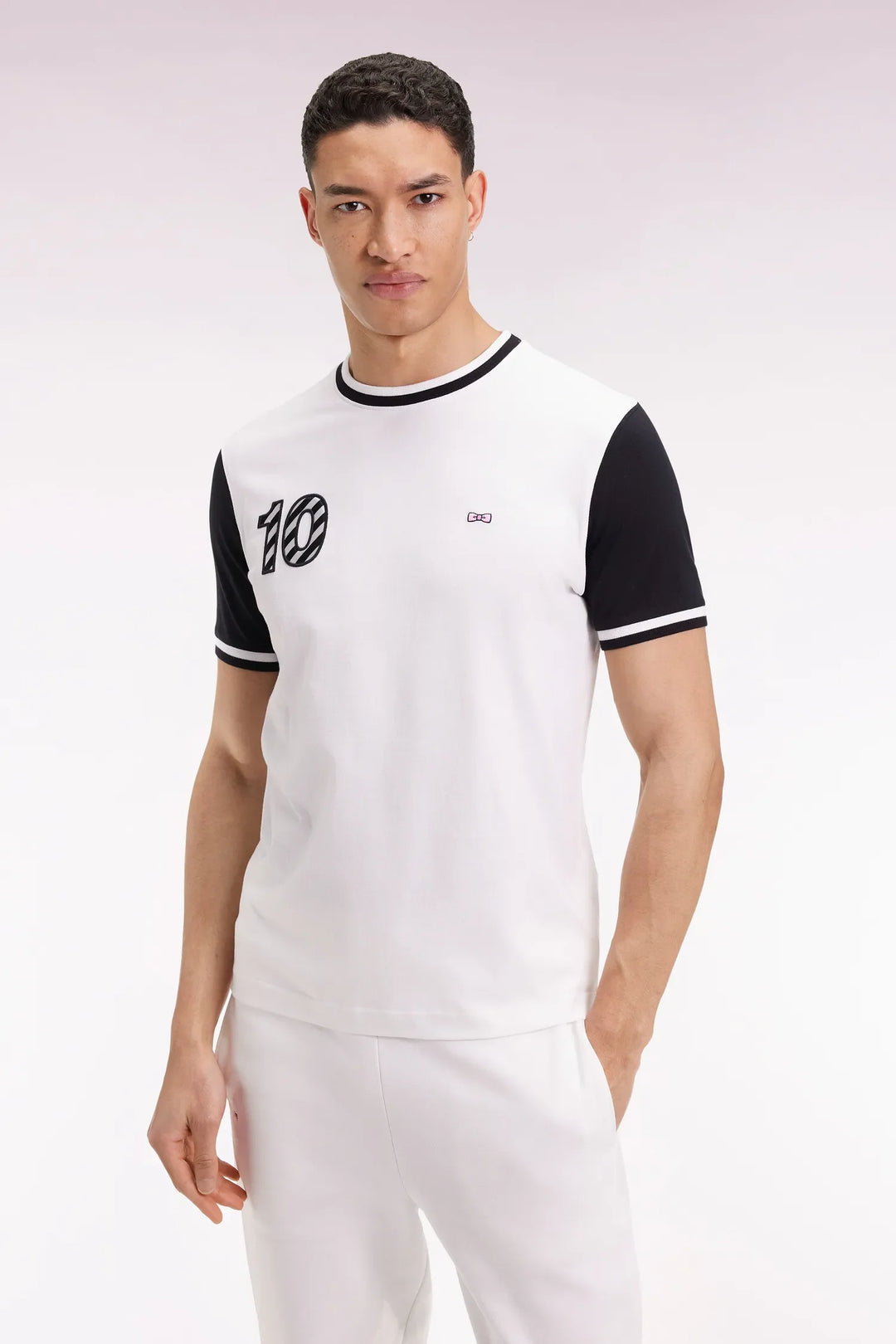Two-Tone Short-Sleeved T-Shirt in White Cotton Embroidery 10
