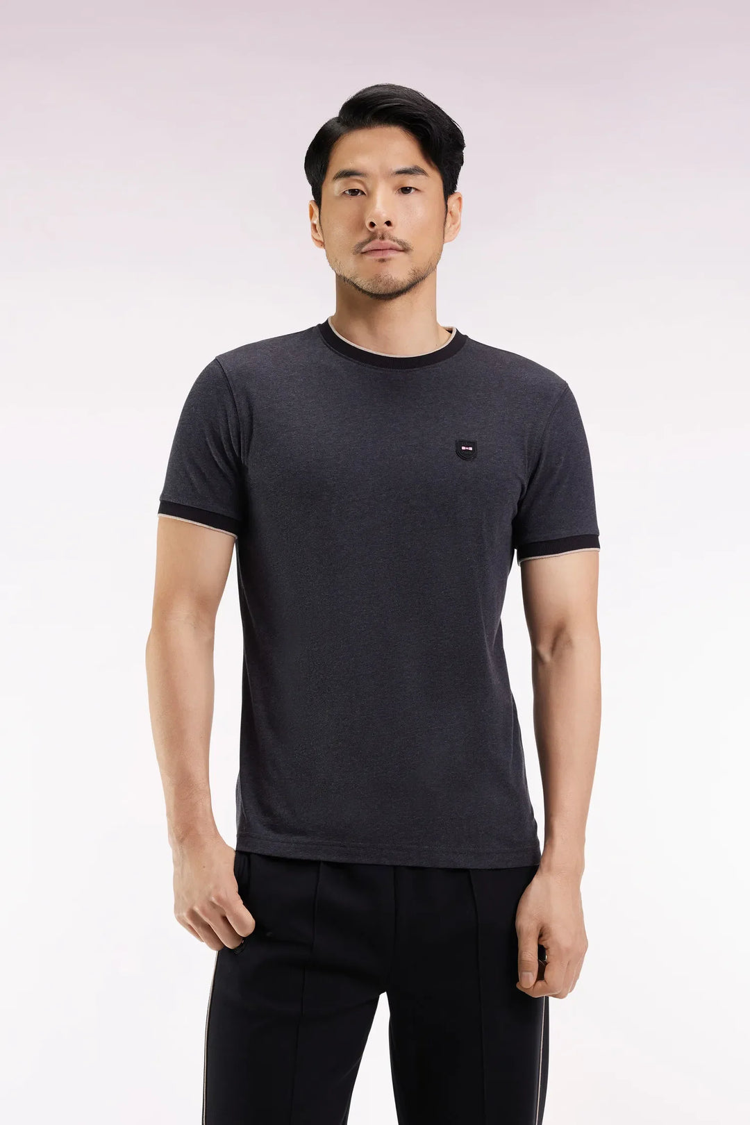 Short-Sleeved T-Shirt in Charcoal Grey Stretch Cotton with a Slim Fit