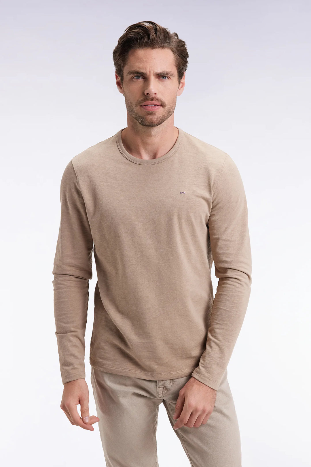 Beige Slub Cotton Long-Sleeved T-Shirt