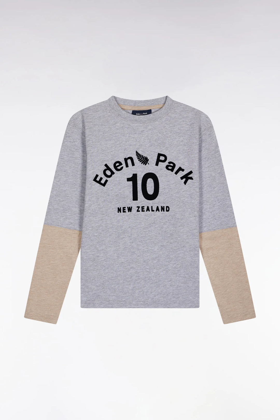 Two-Tone Grey and Beige Cotton Long-Sleeved T-Shirt with a Straight Cut