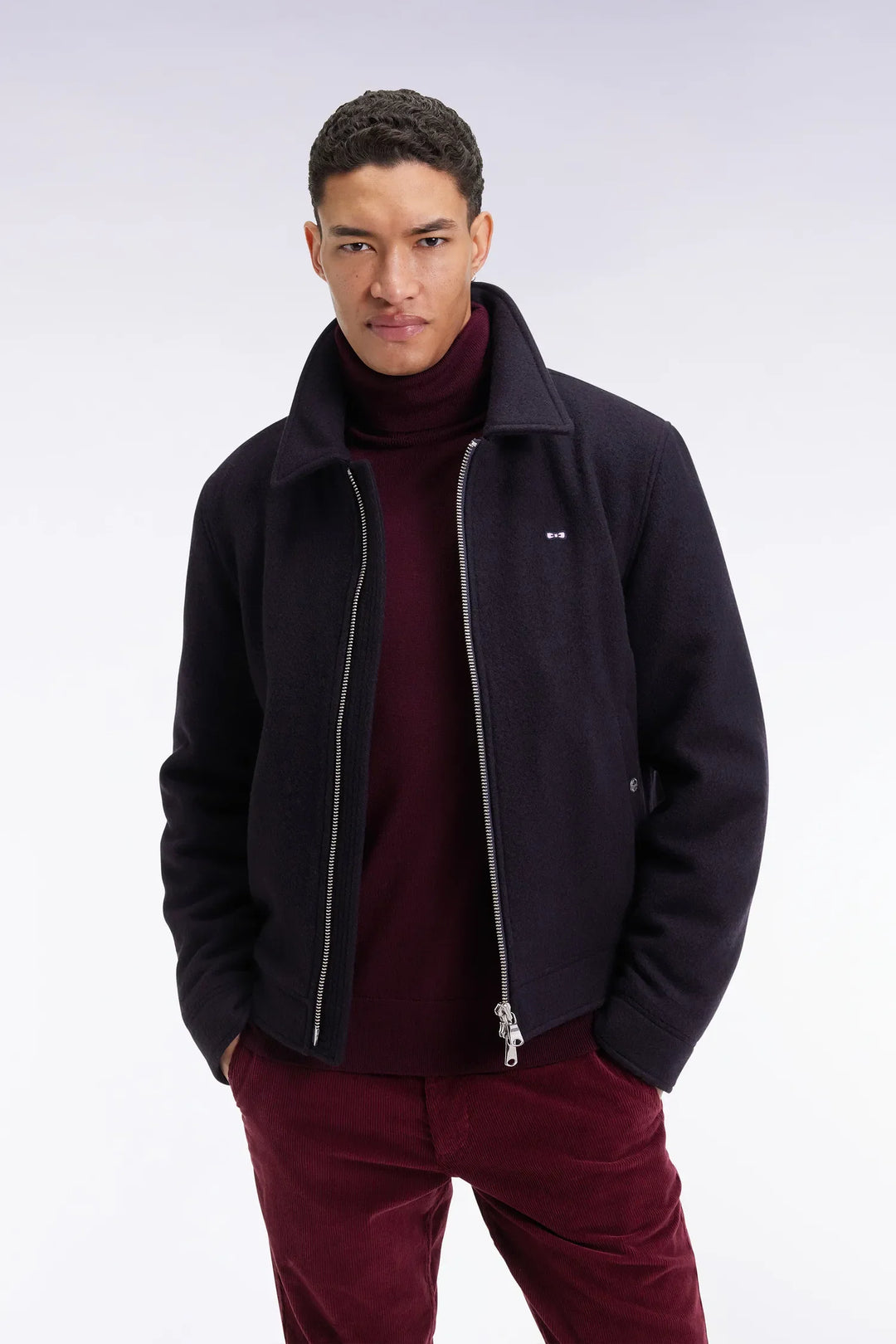 Navy Boiled Wool Blend Jacket