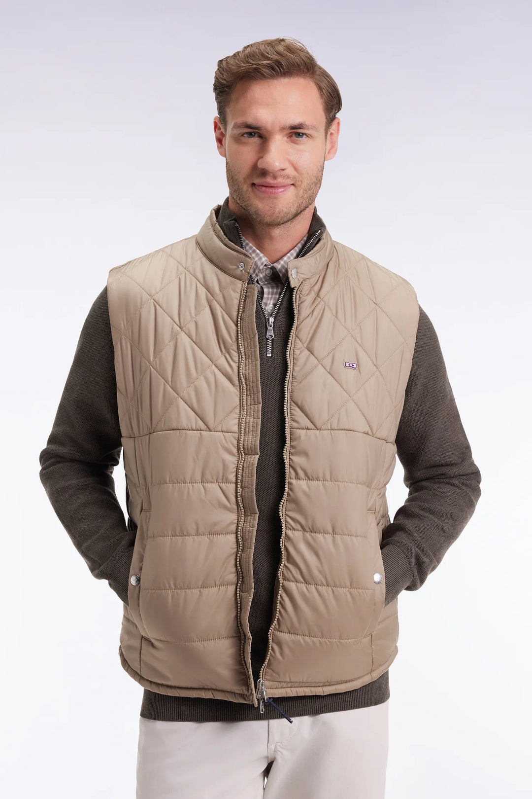 Sleeveless Down Jacket with Biker Collar in Beige Quilted Nylon
